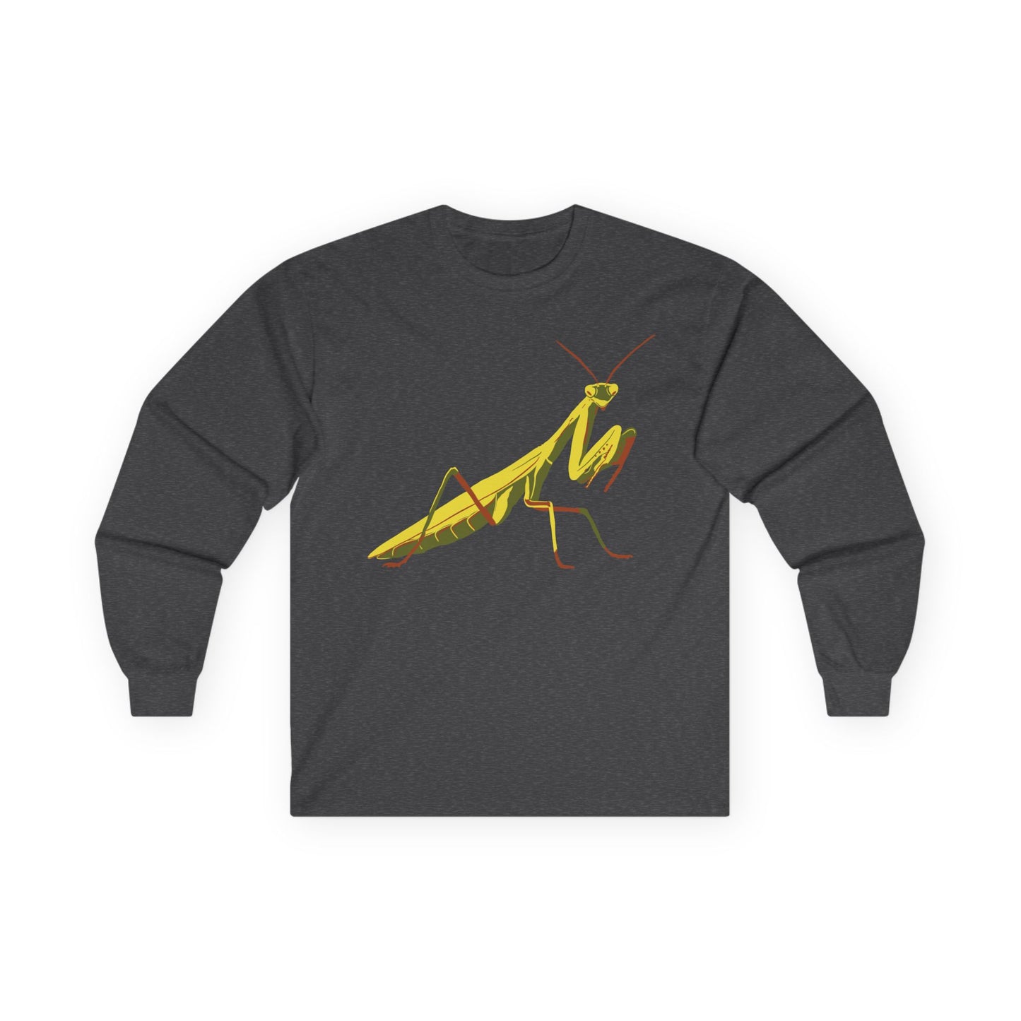Long sleeve unisex dark grey shirt featuring an illustration of a yellow and green praying mantis insect on the front.