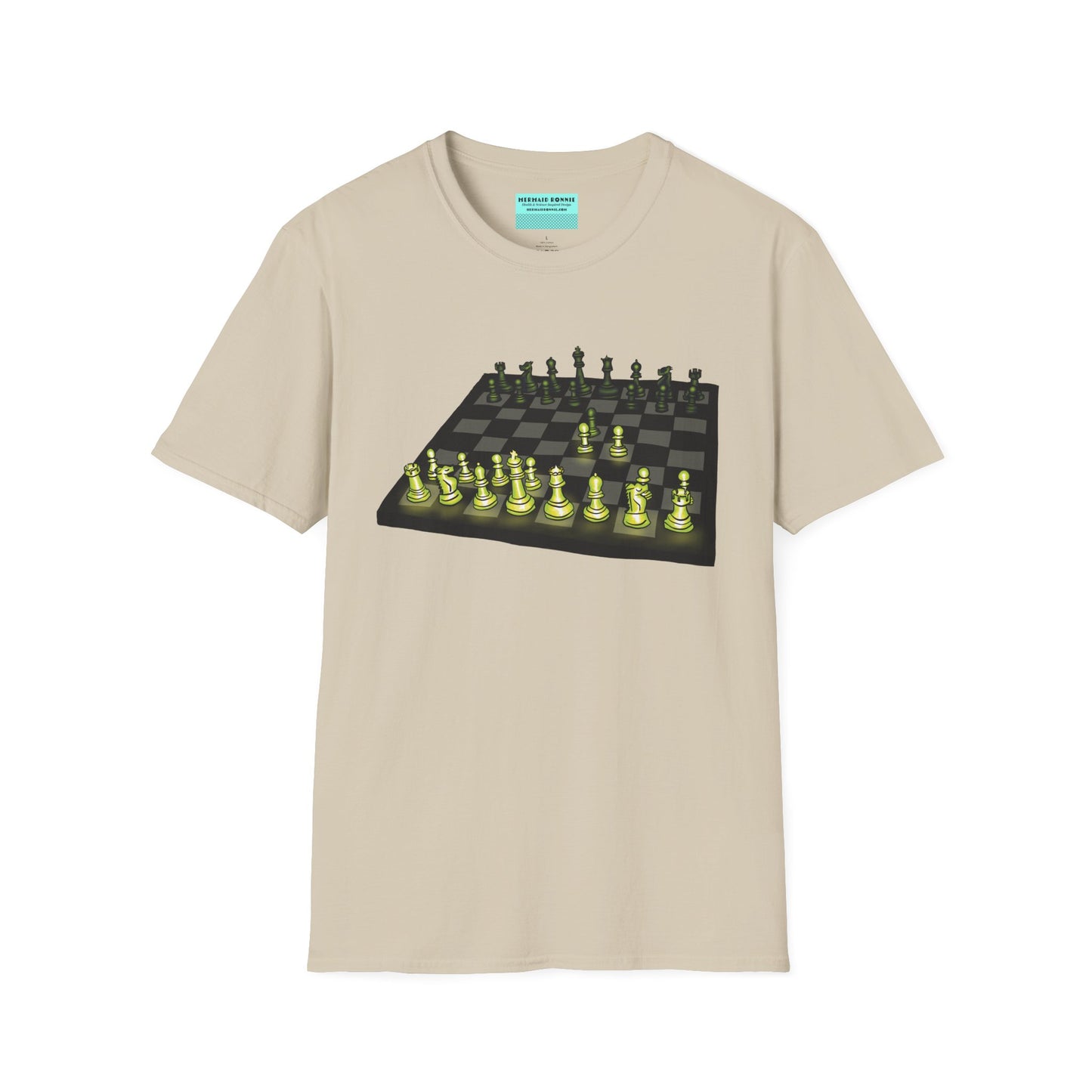Beige unisex short-sleeve t-shirt featuring an electrifying chess board with glowing pieces mid–Queen’s Gambit, because nothing says “checkmate” like opening with flair and a radiant strategy.