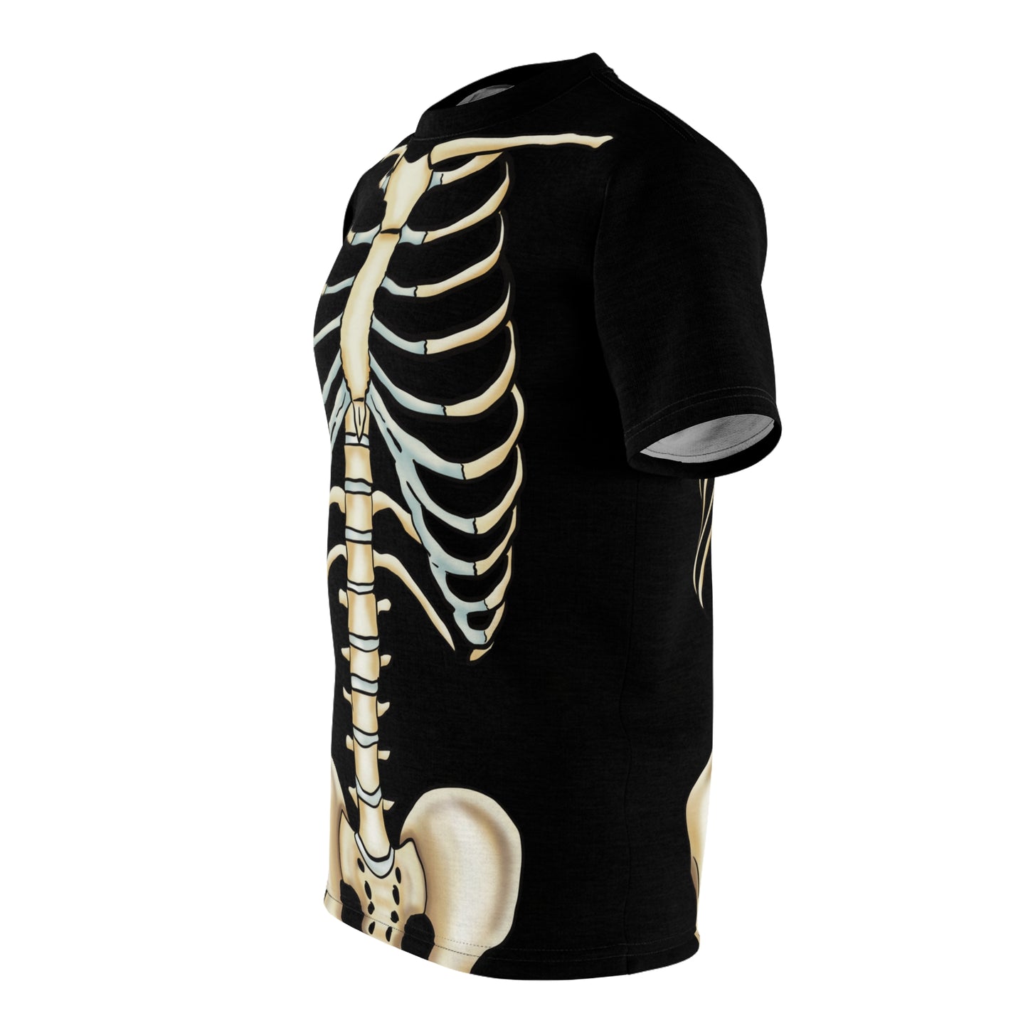 Left side view of a unisex black athletic t-shirt with a detailed anatomical skeleton design that looks like an x-ray—perfect for when you want to flex your muscles and your inner structure.