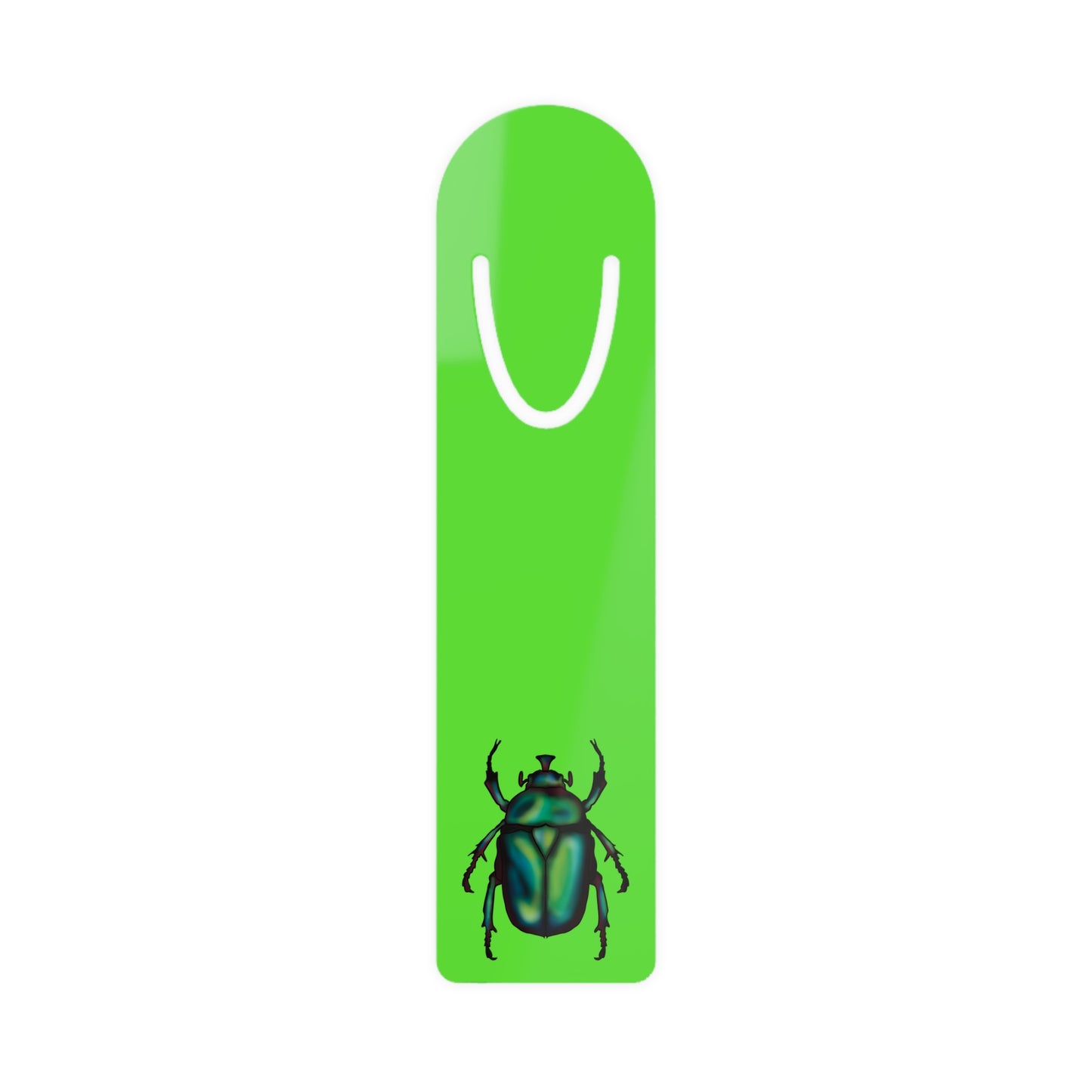 Lime green aluminum bookmark featuring a detailed illustration of a June bug (green chafer beetle), its iridescent body gleaming against the vibrant background.