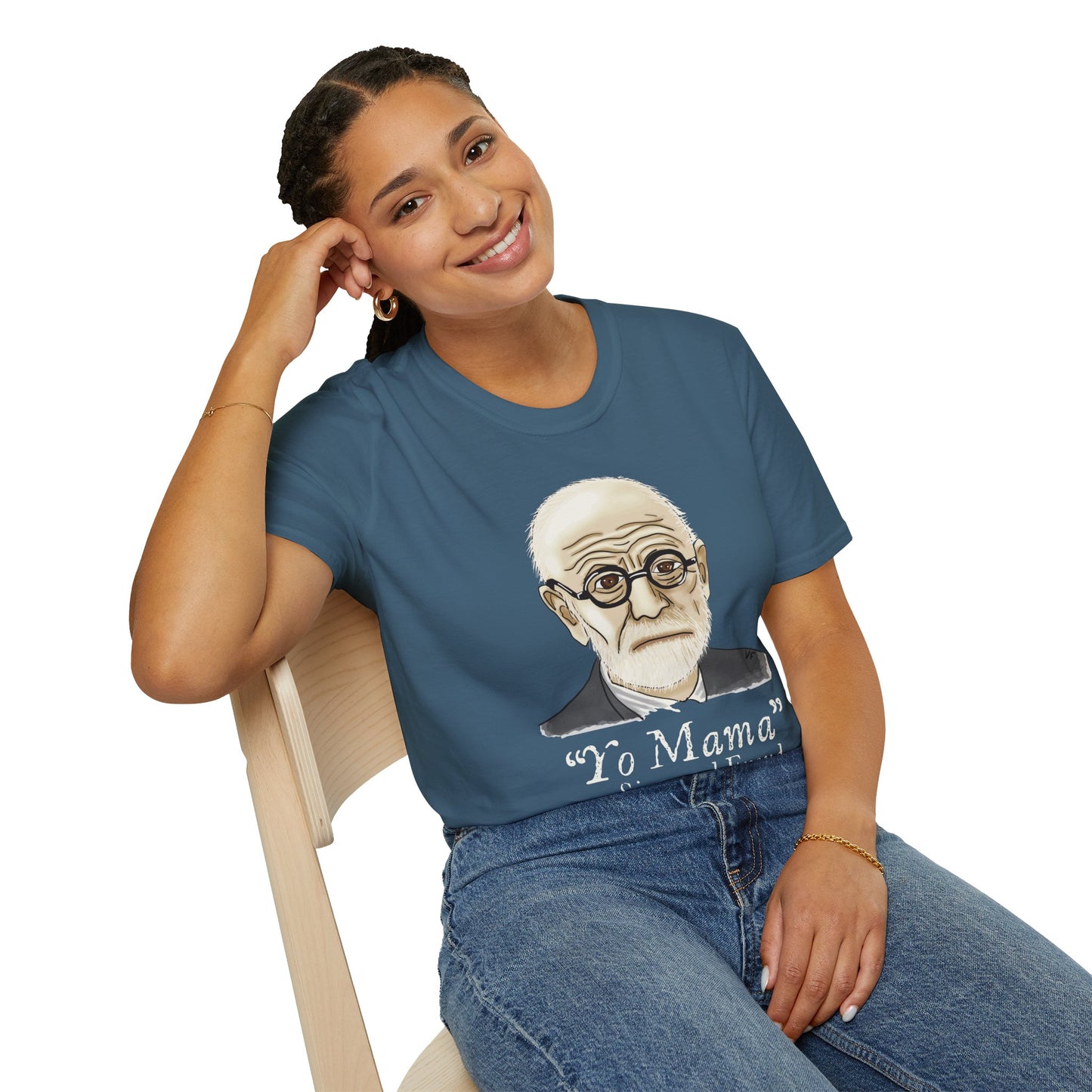 Woman wearing a blue unisex short sleeve tee featuring a hand-drawn portrait of Sigmund Freud looking suspiciously insightful, with the phrase "Yo mama" playfully printed below—because sometimes, every complex issue really does go back to your mother.