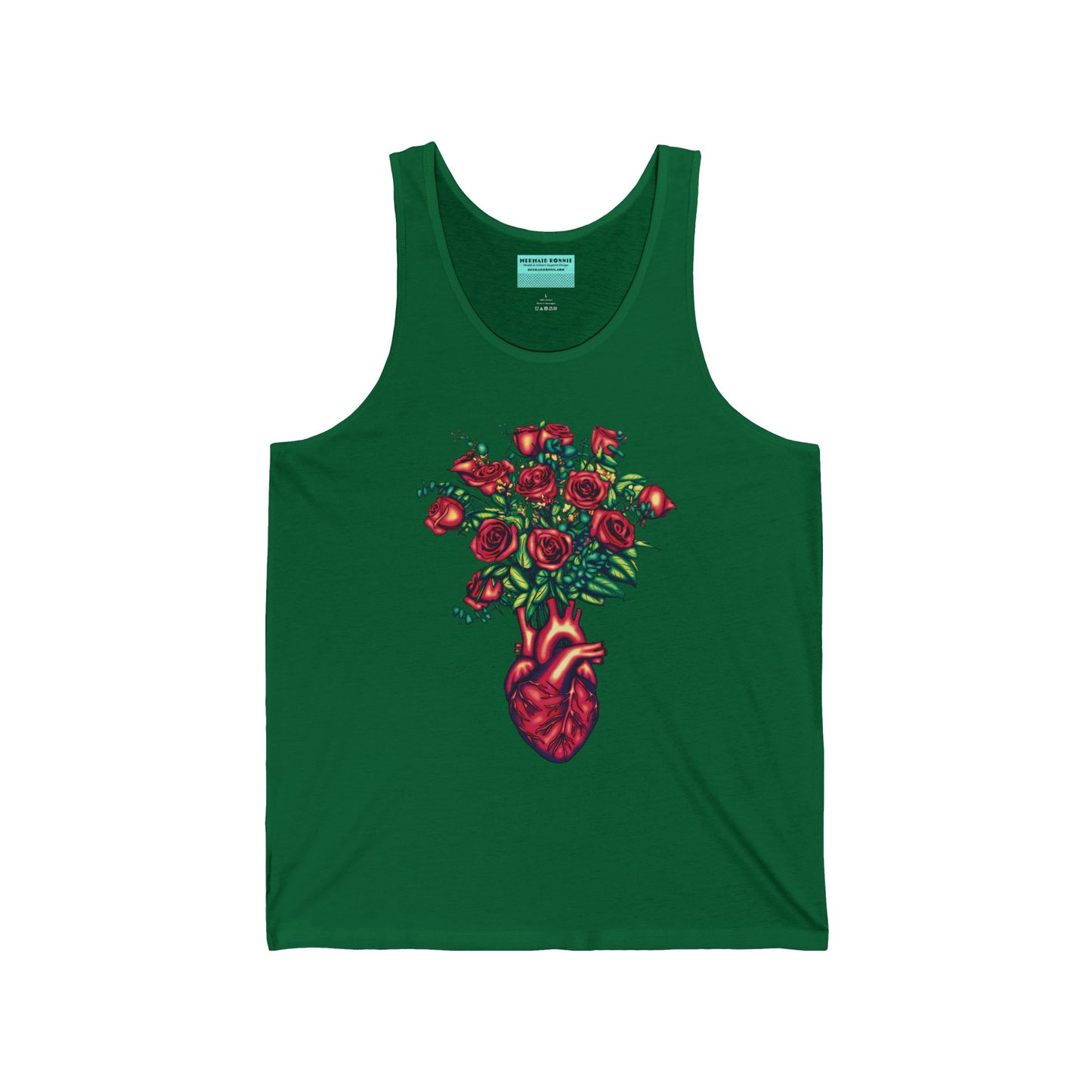 Dark green unisex tank top featuring an illustration of an anatomical heart used as a vase, with a bouquet of red roses blooming from the top.