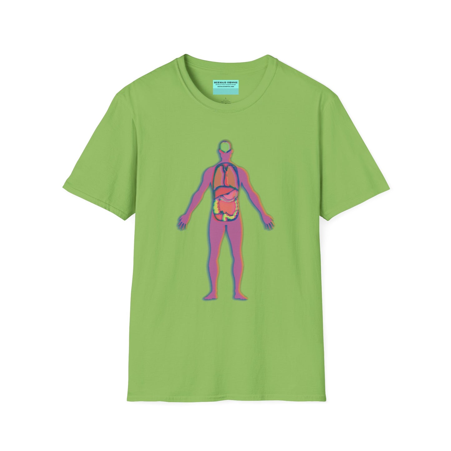 Light green t-shirt featuring an illustration of an anatomical figure with internal organs shown in different colors.