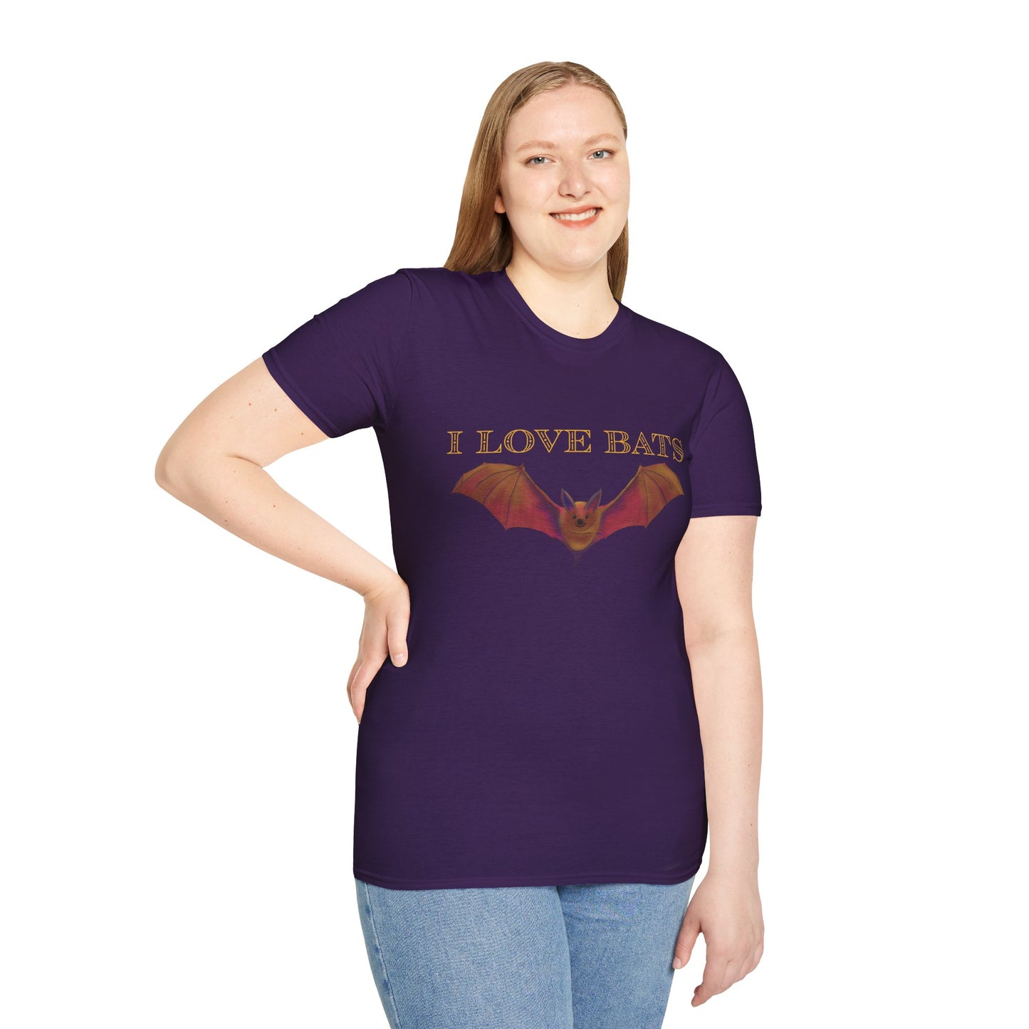Woman wearing a purple t-shirt featuring an irresistibly adorable brown bat with outstretched wings across the chest and the text “I love bats” — perfect for anyone who’s batty about flying mammals.