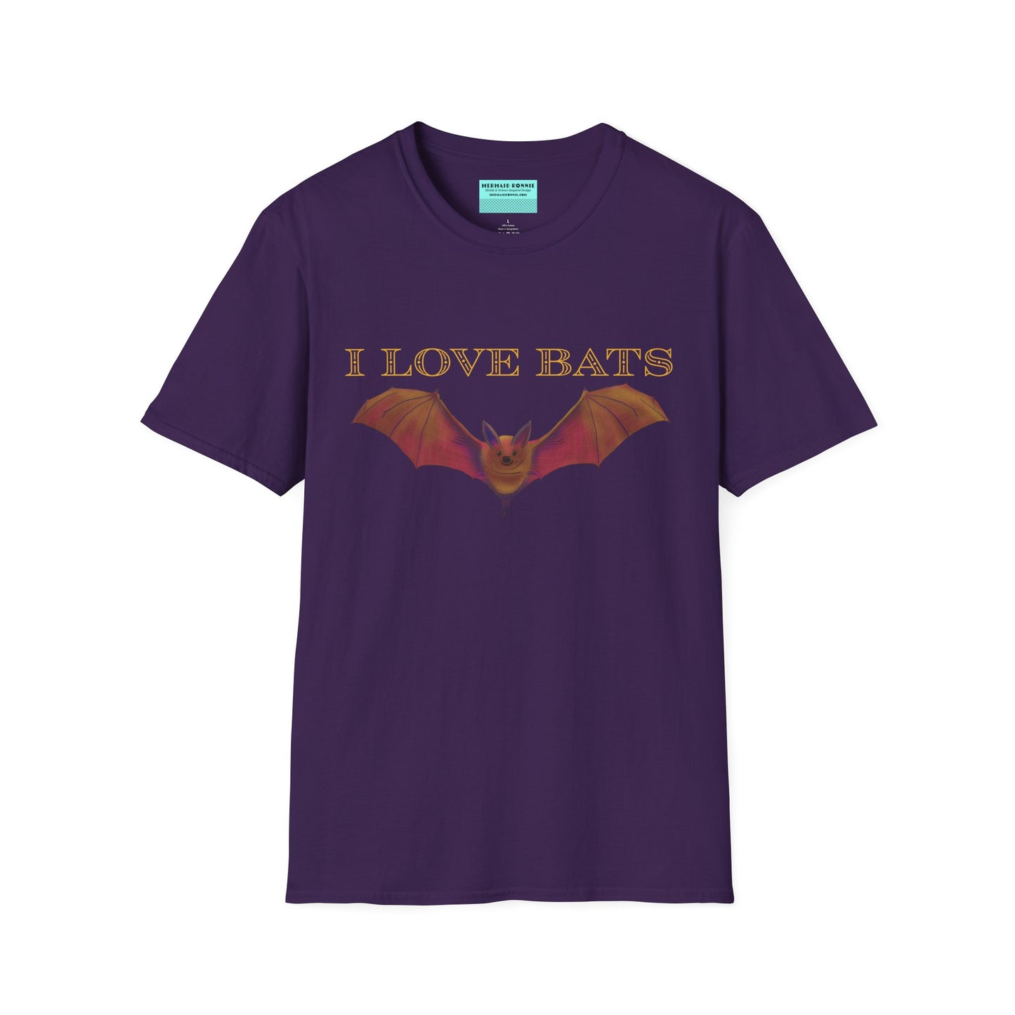 Purple t-shirt featuring an irresistibly adorable brown bat with outstretched wings across the chest and the text “I love bats” — perfect for anyone who’s batty about flying mammals.