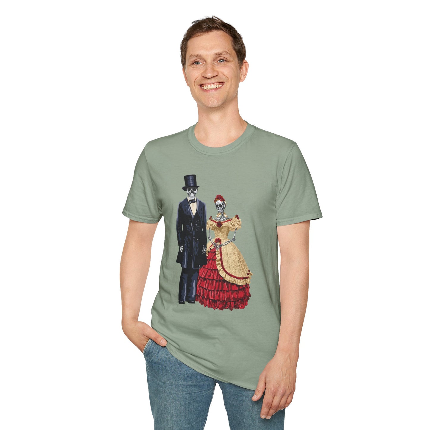 Man wearing a green t-shirt featuring skeletons dressed as Abraham and Mary Todd Lincoln, with the skeletons in period-appropriate attire.