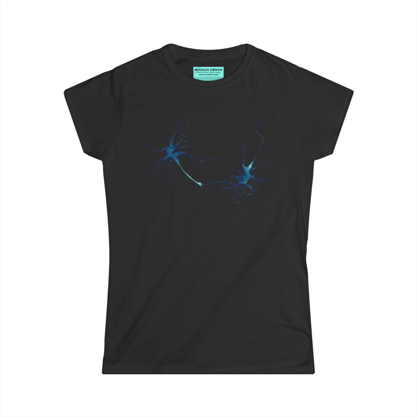 Women’s t-shirt in black featuring an illustration of two multipolar neurons forming a synapse.