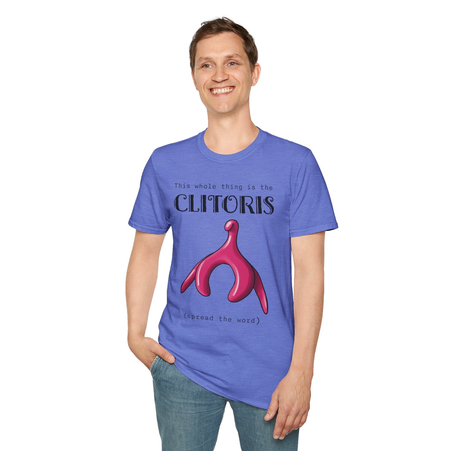 Man wearing a blue t-shirt with an illustration of the clitoris and black text that reads 'this whole thing is the clitoris. spread the word’.