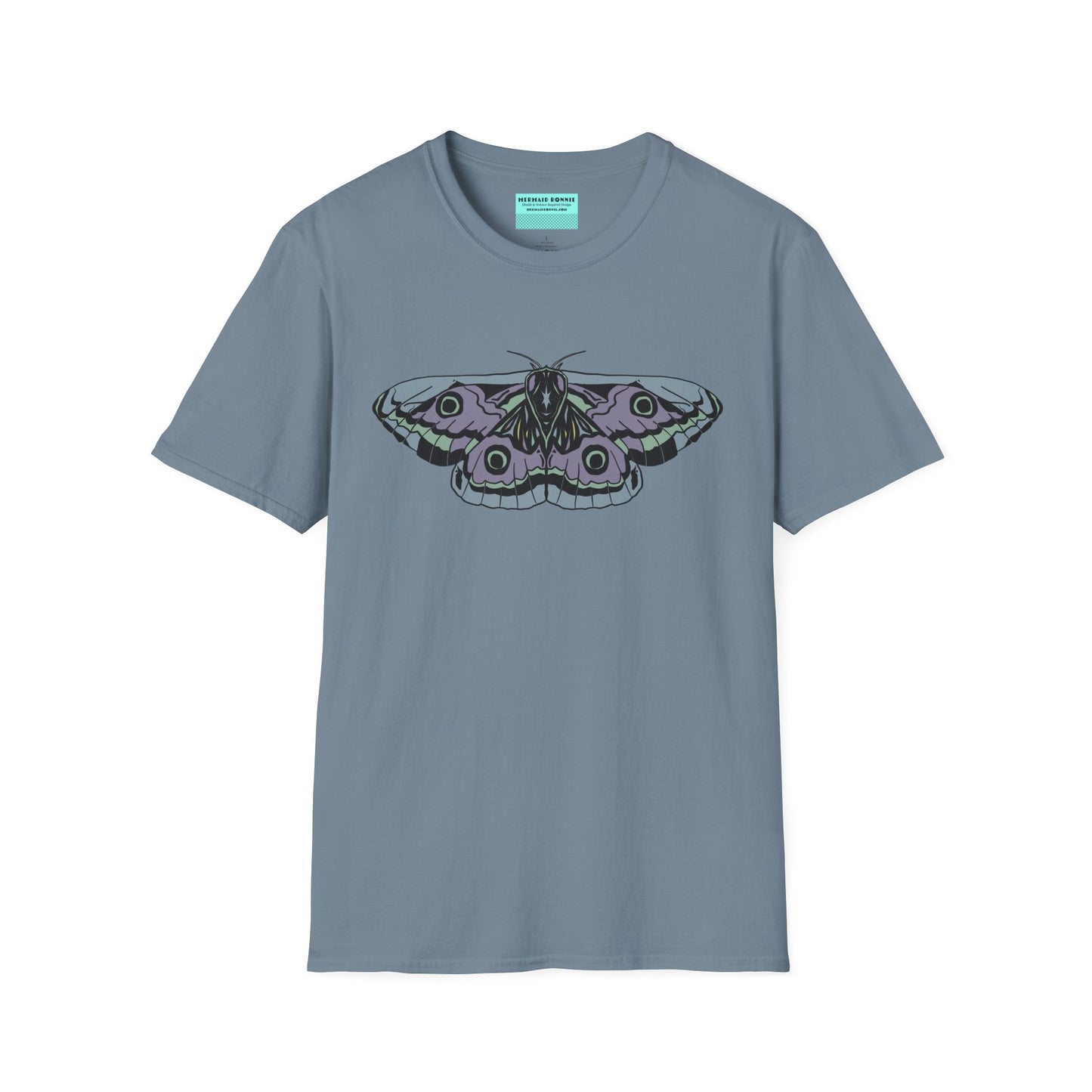 Slate blue t-shirt featuring a drawing of a blue and purple moth.