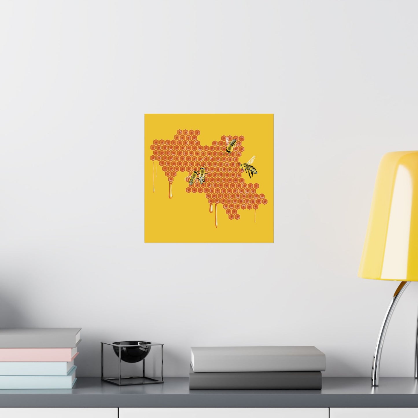 Honeybees on Honeycomb Wall Art Print, Dripping Honey, Yellow and Orange Nature Poster