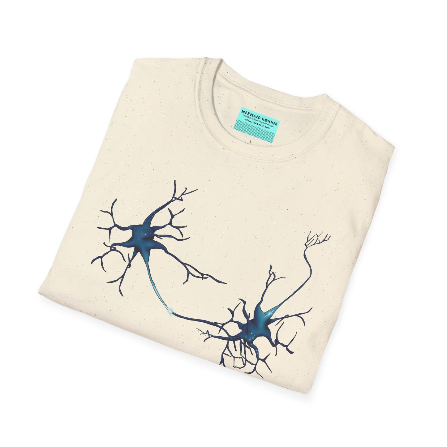Folded beige t-shirt featuring an illustration of two blue neurons extending toward each other and forming a synapse across the front.