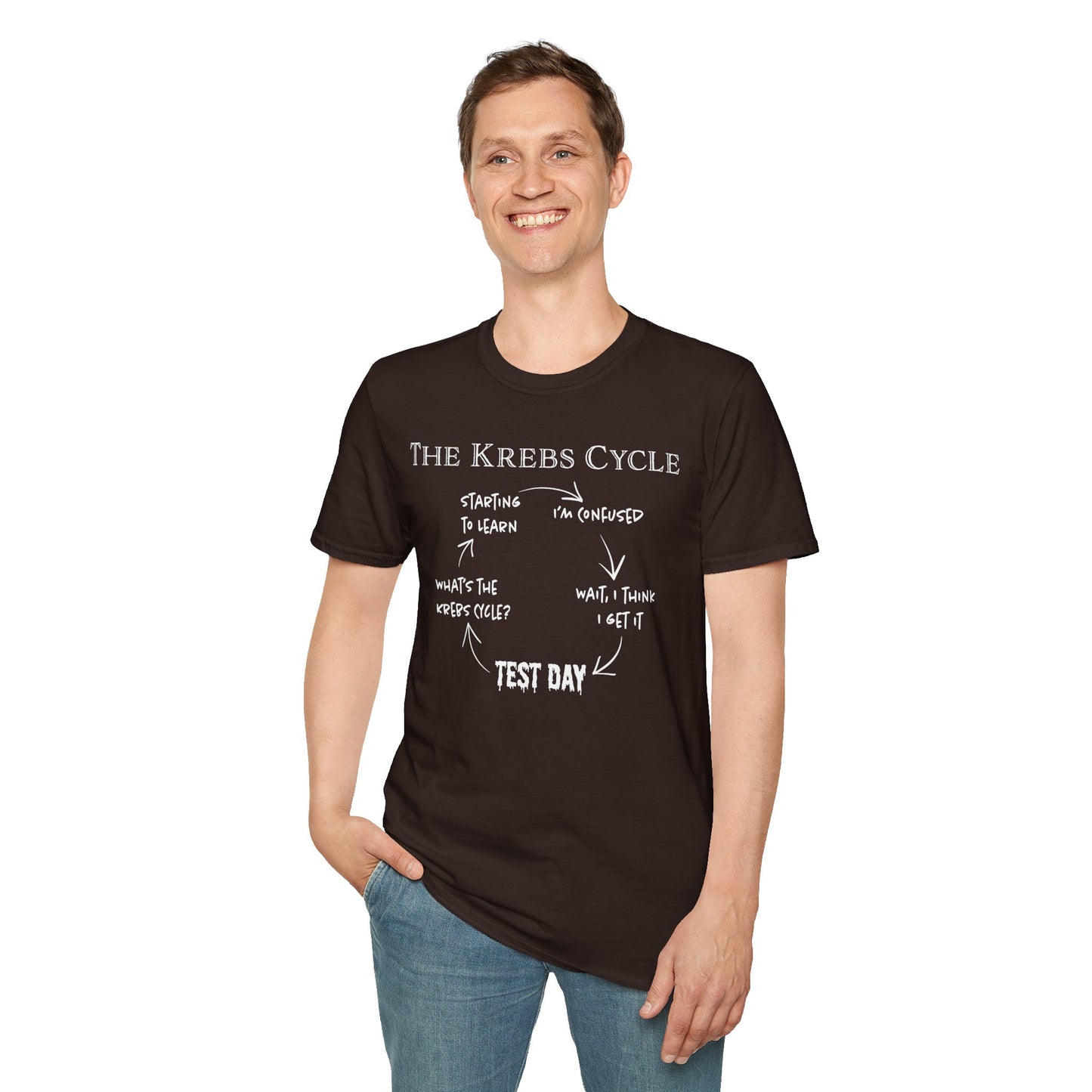 Man wearing a brown short-sleeve unisex t-shirt with the text “The Krebs Cycle” above a circular diagram that pokes fun at how impossible it is to memorize the citric acid cycle—because biochemistry builds character... and tears.