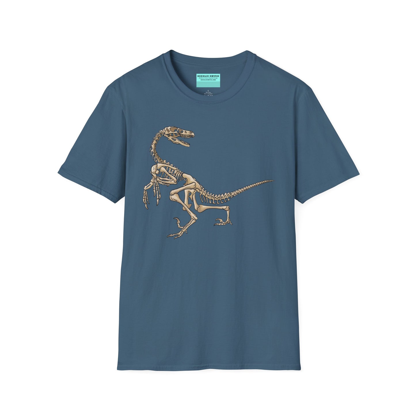 Indigo blue unisex short sleeve t-shirt with a fierce velociraptor skeleton strutting across the chest—because who says extinct can’t be stylish?