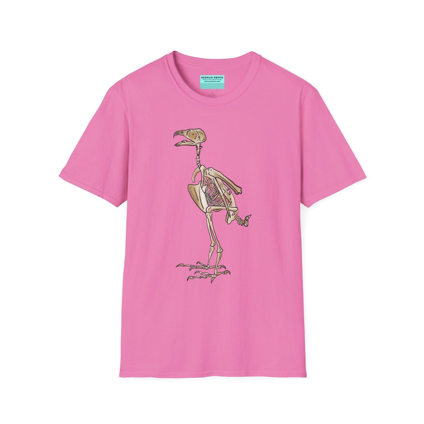 Pink unisex short sleeve t-shirt featuring a peregrine falcon skeleton—proof that even the fastest creature on Earth looks cool in x-ray vision.