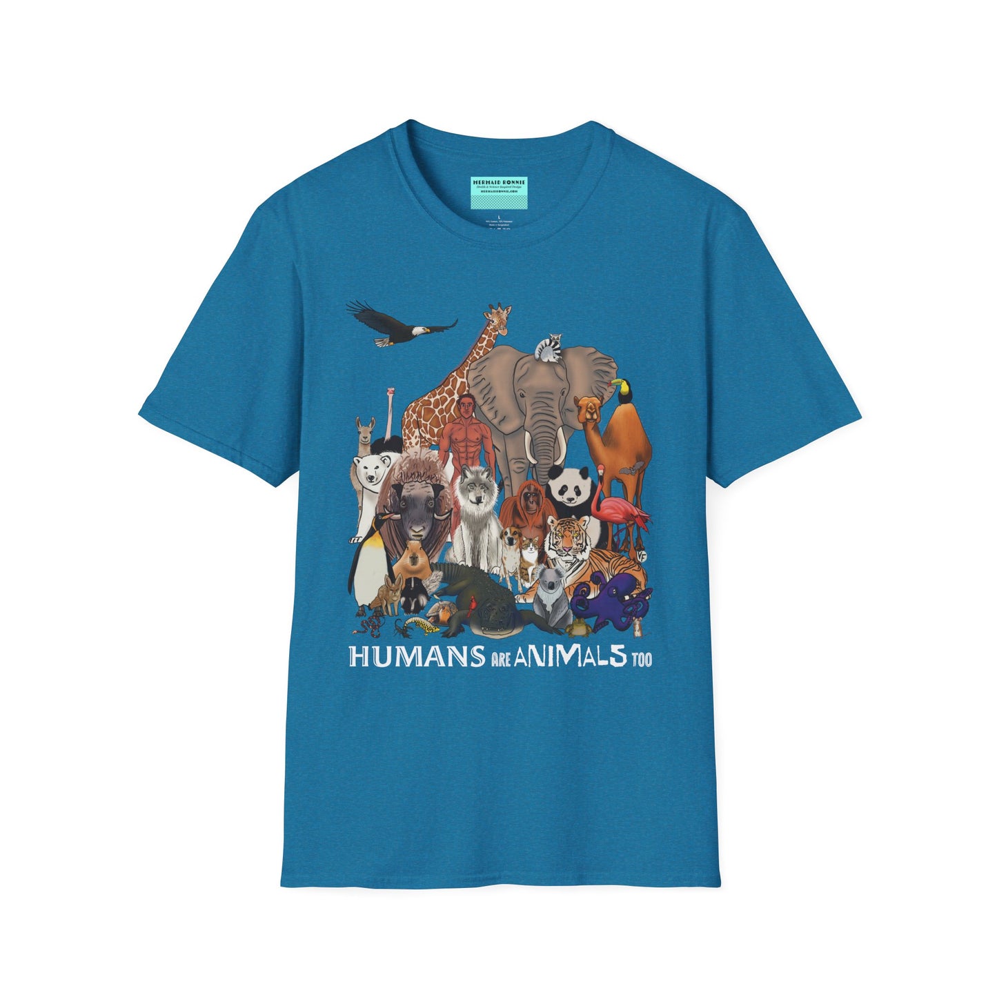 Light blue unisex short sleeve tee featuring a diverse group of illustrated animals—like an elephant, bird, cat, and more—gathered around a human in the center. Below the image, the text reads "humans are animals too," celebrating our place in the animal kingdom with a touch of humor and humility.