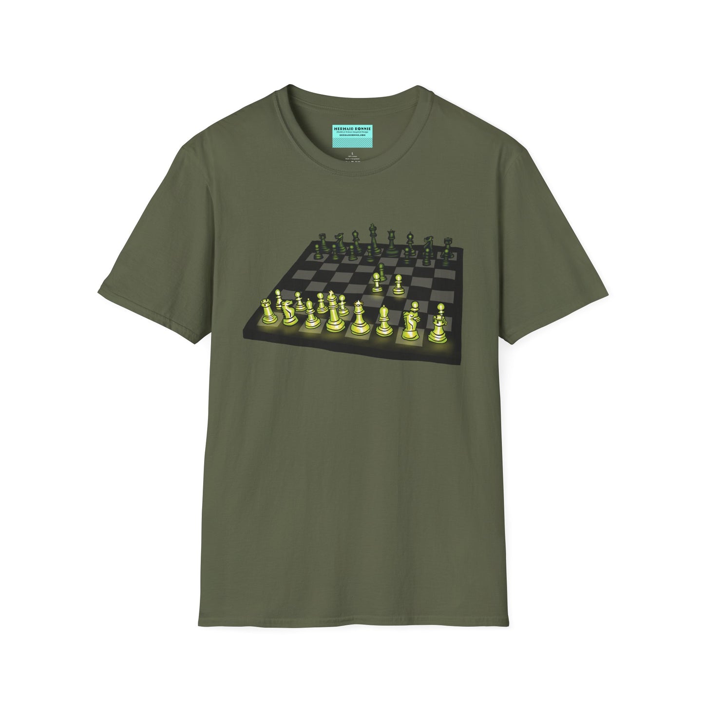 Military green unisex short-sleeve t-shirt featuring an electrifying chess board with glowing pieces mid–Queen’s Gambit, because nothing says “checkmate” like opening with flair and a radiant strategy.