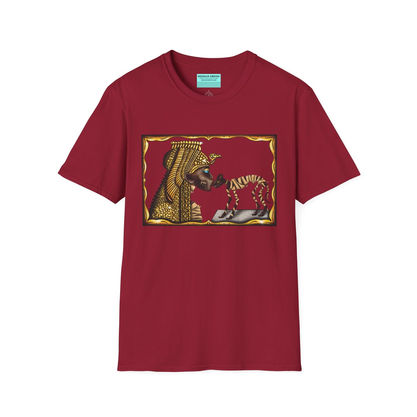 Red t-shirt featuring an illustration of Cleopatra mummy kissing a cat mummy.