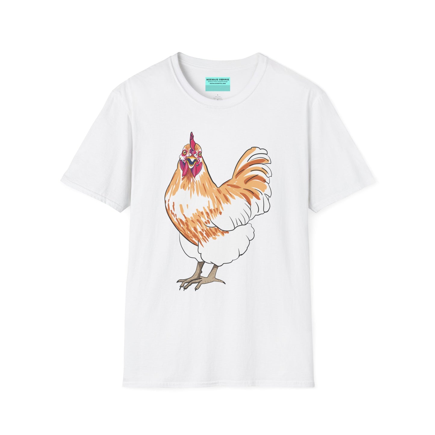 White t-shirt featuring an illustration of a chicken.