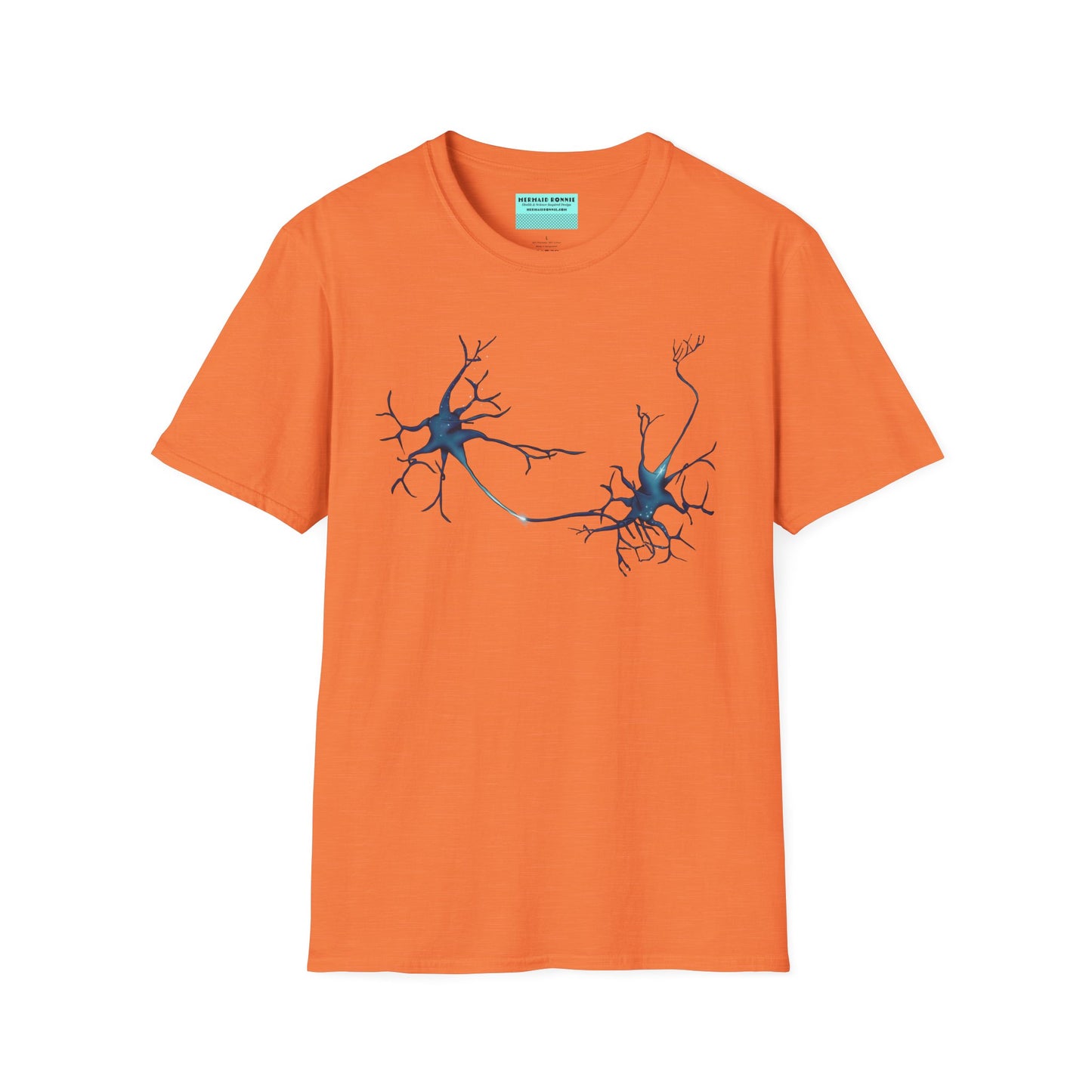 Orange t-shirt featuring an illustration of two blue neurons extending toward each other and forming a synapse across the front.