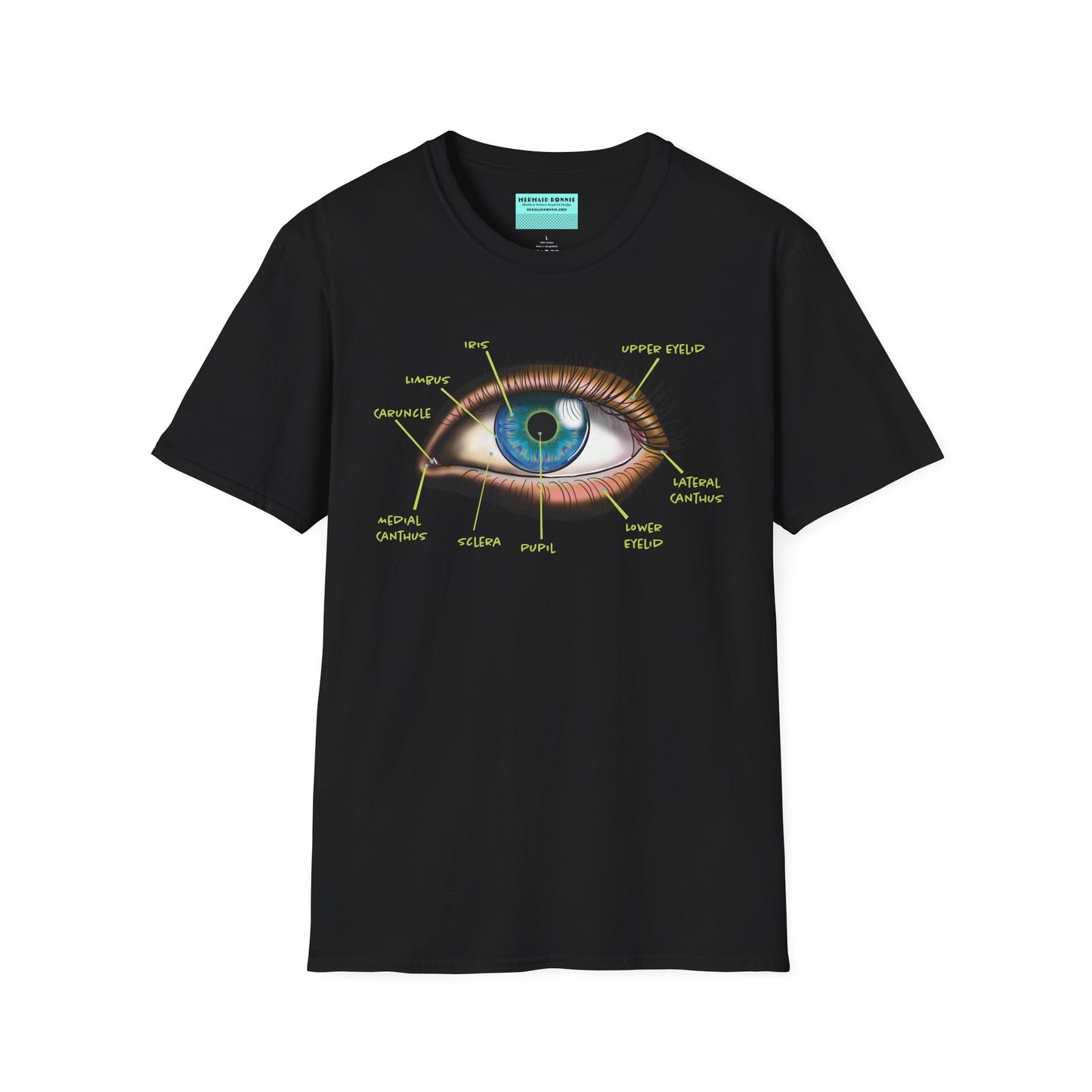Black shirt featuring an anatomical diagram of an eye, with labeled parts of the eye displayed.