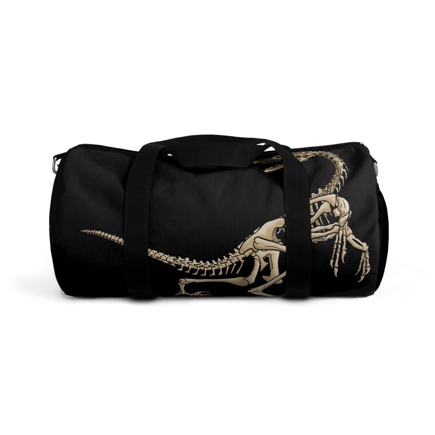 Back view of a black duffel bag with bone-beige illustrations of velociraptor skeleton fossils—perfect for carrying your gear while channeling serious prehistoric predator energy.