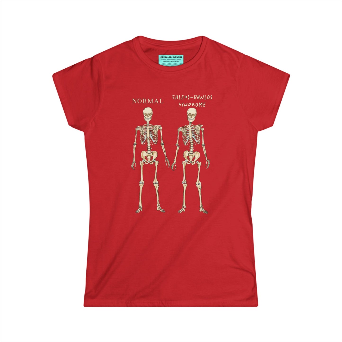 Women’s t-shirt in red with two skeletons side by side. The first is labeled 'Normal' and the second is labeled 'Ehlers-Danlos Syndrome,' visually illustrating the skeletal effects of EDS.
