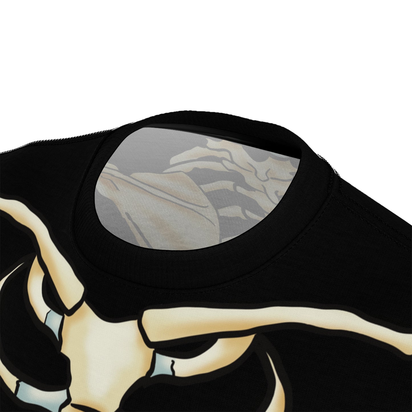 Close up view of a unisex black athletic t-shirt with a detailed anatomical skeleton design that looks like an x-ray—perfect for when you want to flex your muscles and your inner structure.