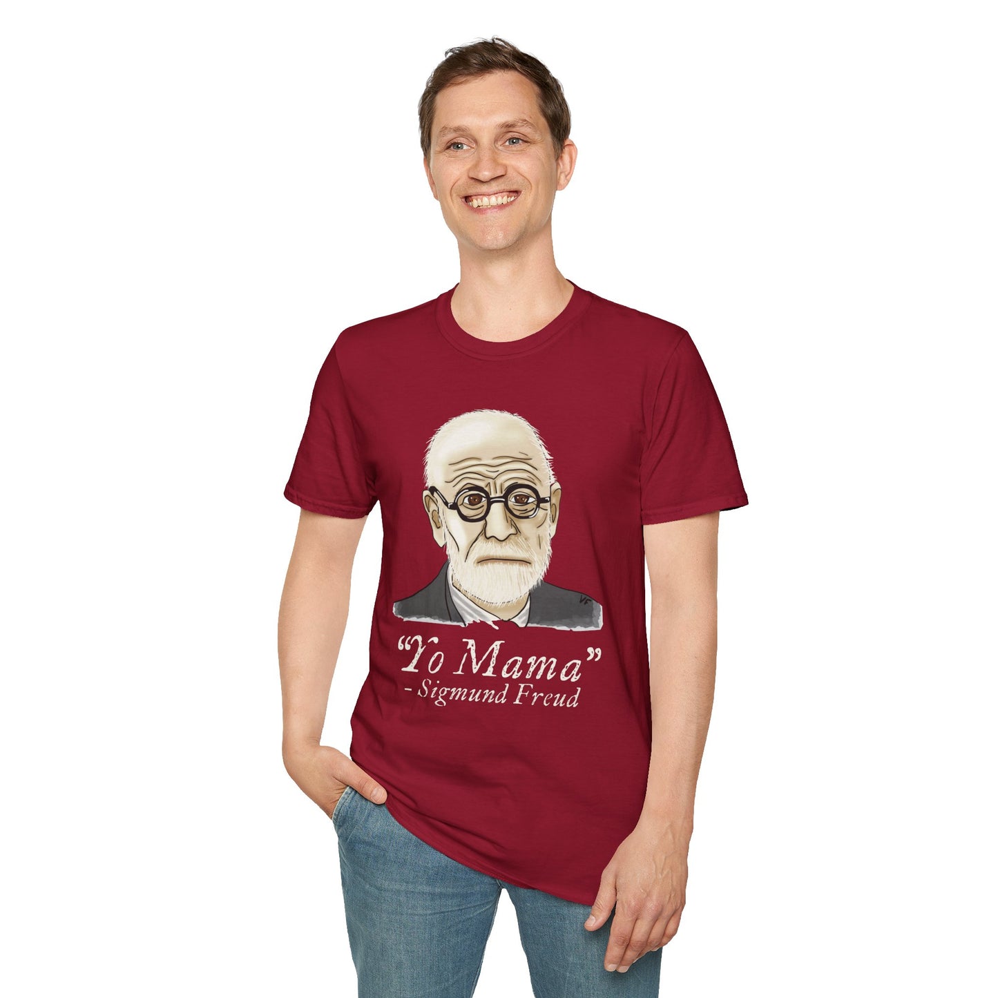 Man wearing a red unisex short sleeve tee featuring a hand-drawn portrait of Sigmund Freud looking suspiciously insightful, with the phrase "Yo mama" playfully printed below—because sometimes, every complex issue really does go back to your mother.