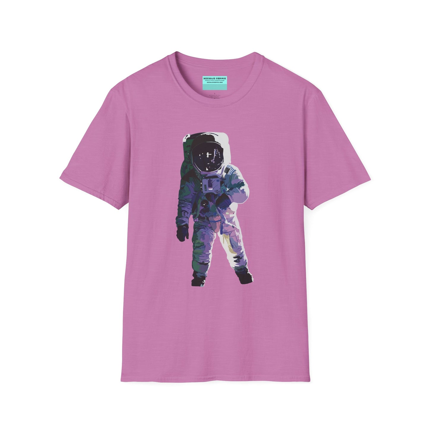 Pink t-shirt featuring a drawing of an astronaut in a space suit.