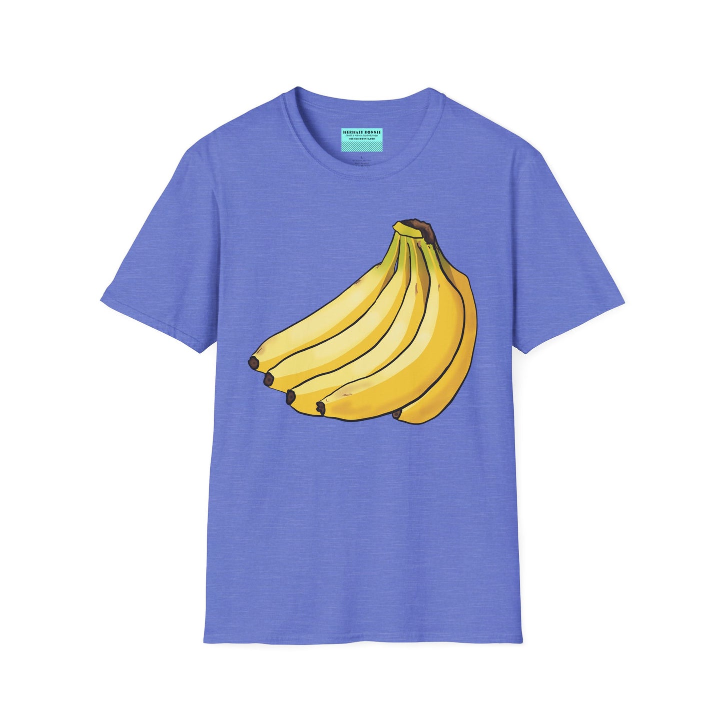 Cornflower blue t-shirt featuring an illustration of a bunch of bananas.