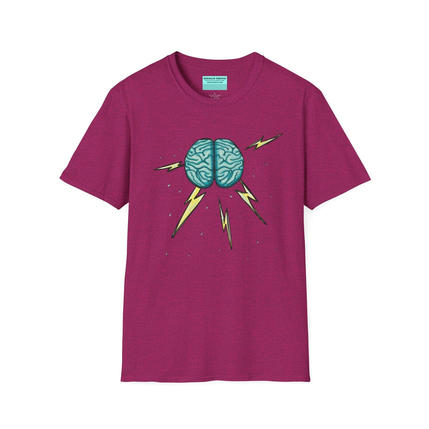 Pink unisex short sleeve tee featuring an illustration of a brain with lightning bolts and rain pouring from it, giving a literal twist to the term "brainstorm"—because sometimes, even the best ideas need a little weathering!