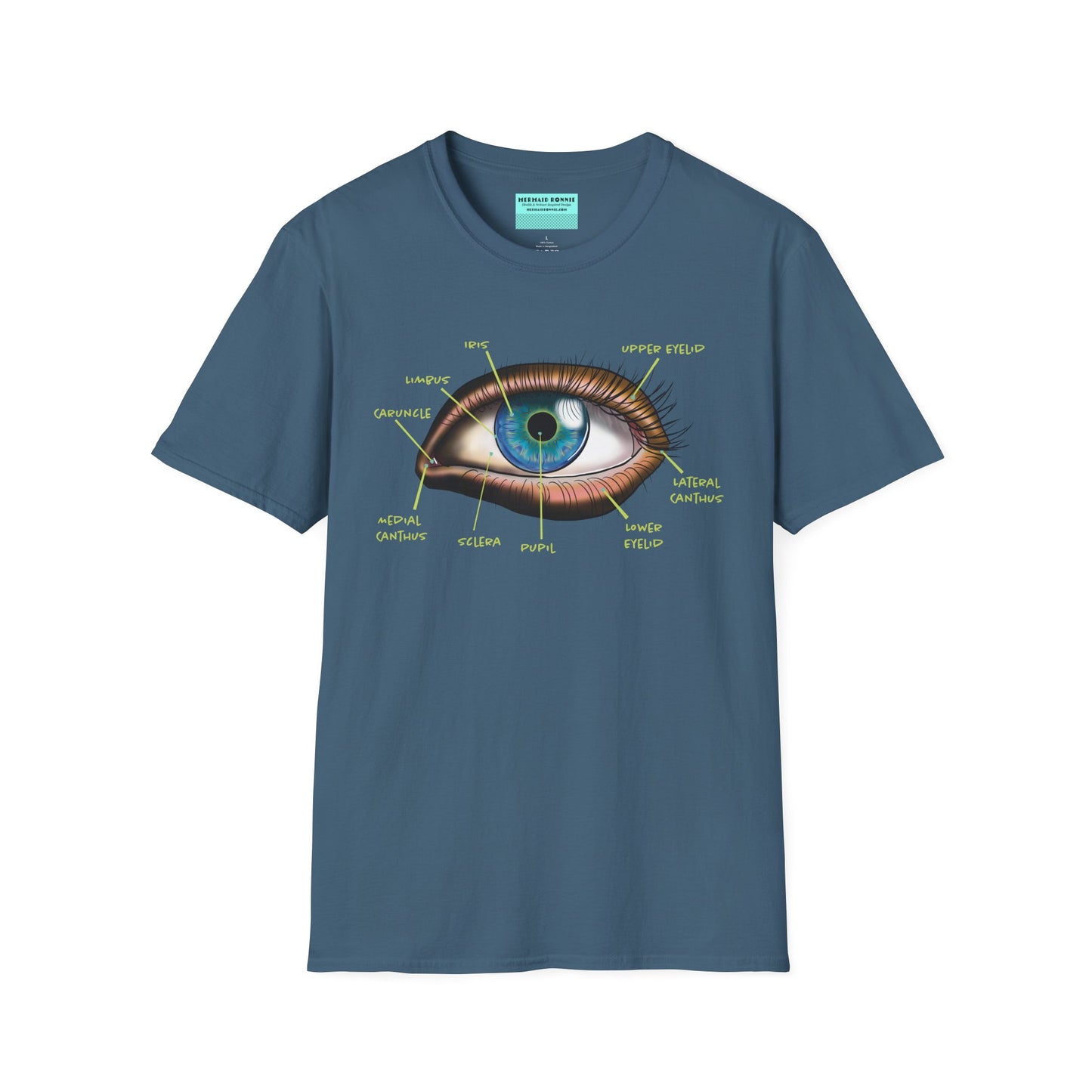 Indigo blue shirt featuring an anatomical diagram of an eye, with labeled parts of the eye displayed.