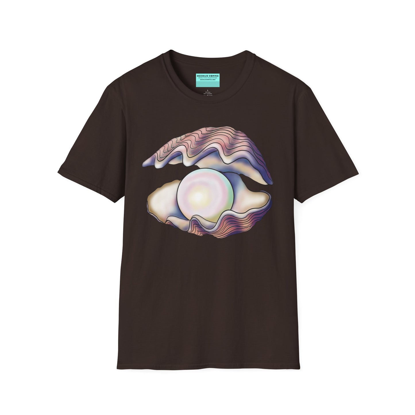 Brown t-shirt featuring an illustration of a large oyster with a luminescent pearl inside.