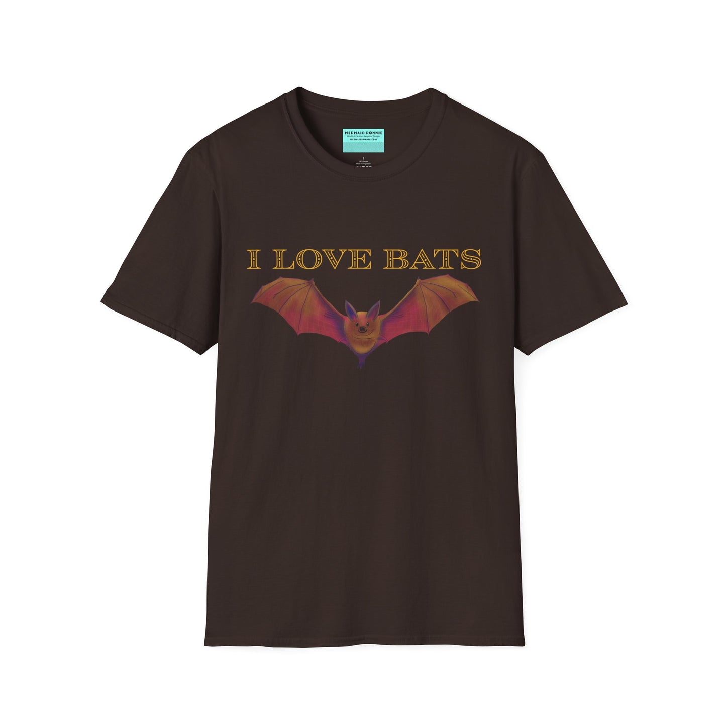 Brown t-shirt featuring an irresistibly adorable brown bat with outstretched wings across the chest and the text “I love bats” — perfect for anyone who’s batty about flying mammals.