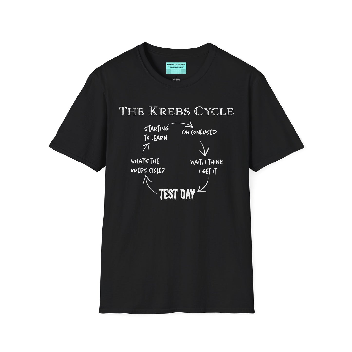 Black short-sleeve unisex t-shirt with the text “The Krebs Cycle” above a circular diagram that pokes fun at how impossible it is to memorize the citric acid cycle—because biochemistry builds character... and tears.