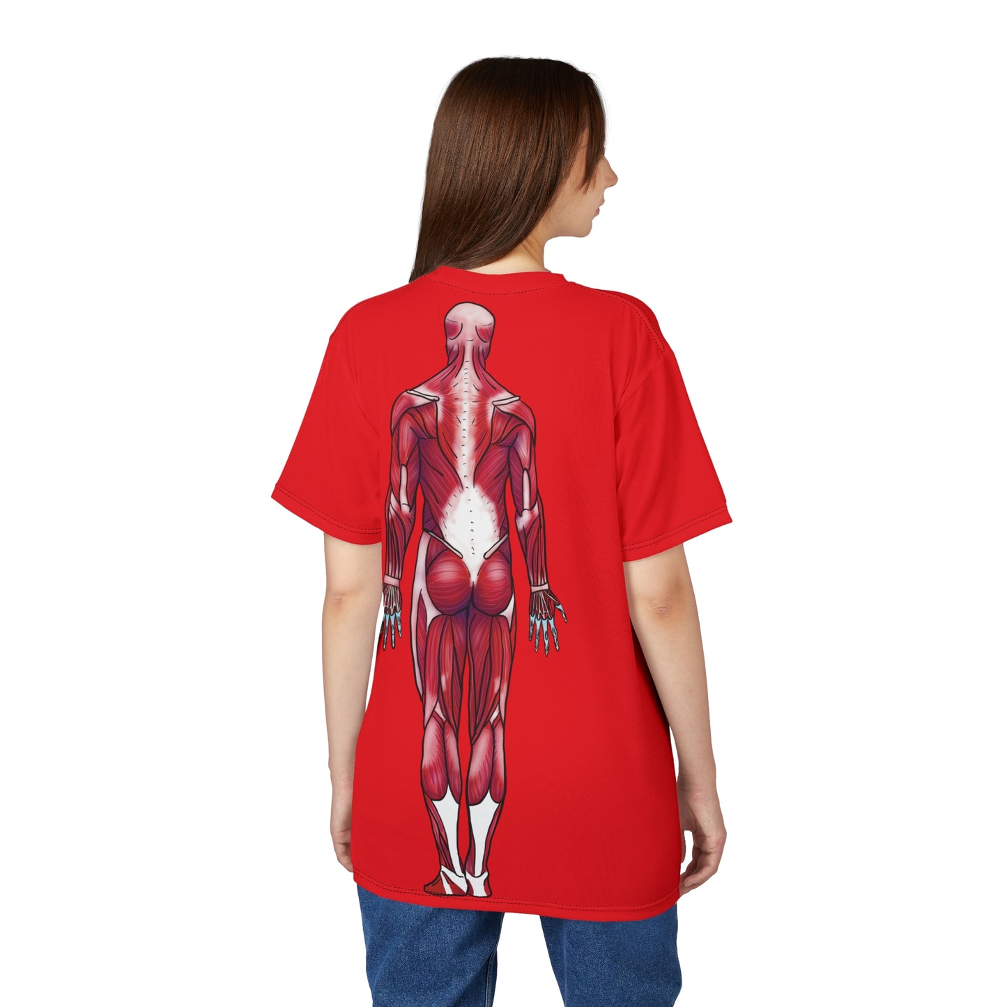 Woman wearing a red athletic t-shirt featuring a detailed posterior view diagram of the human muscular system printed on the back.