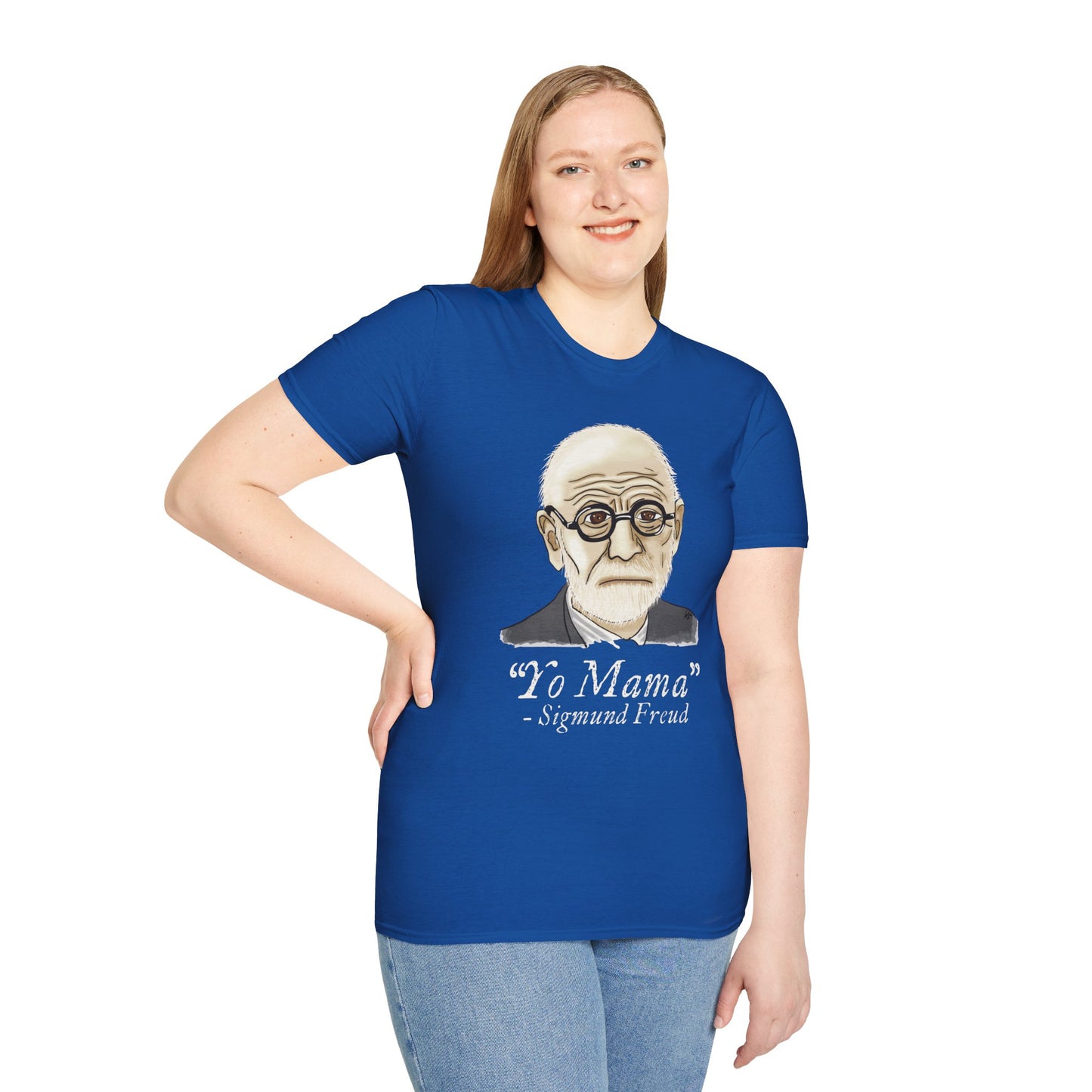Woman wearing a royal blue unisex short sleeve tee featuring a hand-drawn portrait of Sigmund Freud looking suspiciously insightful, with the phrase "Yo mama" playfully printed below—because sometimes, every complex issue really does go back to your mother.