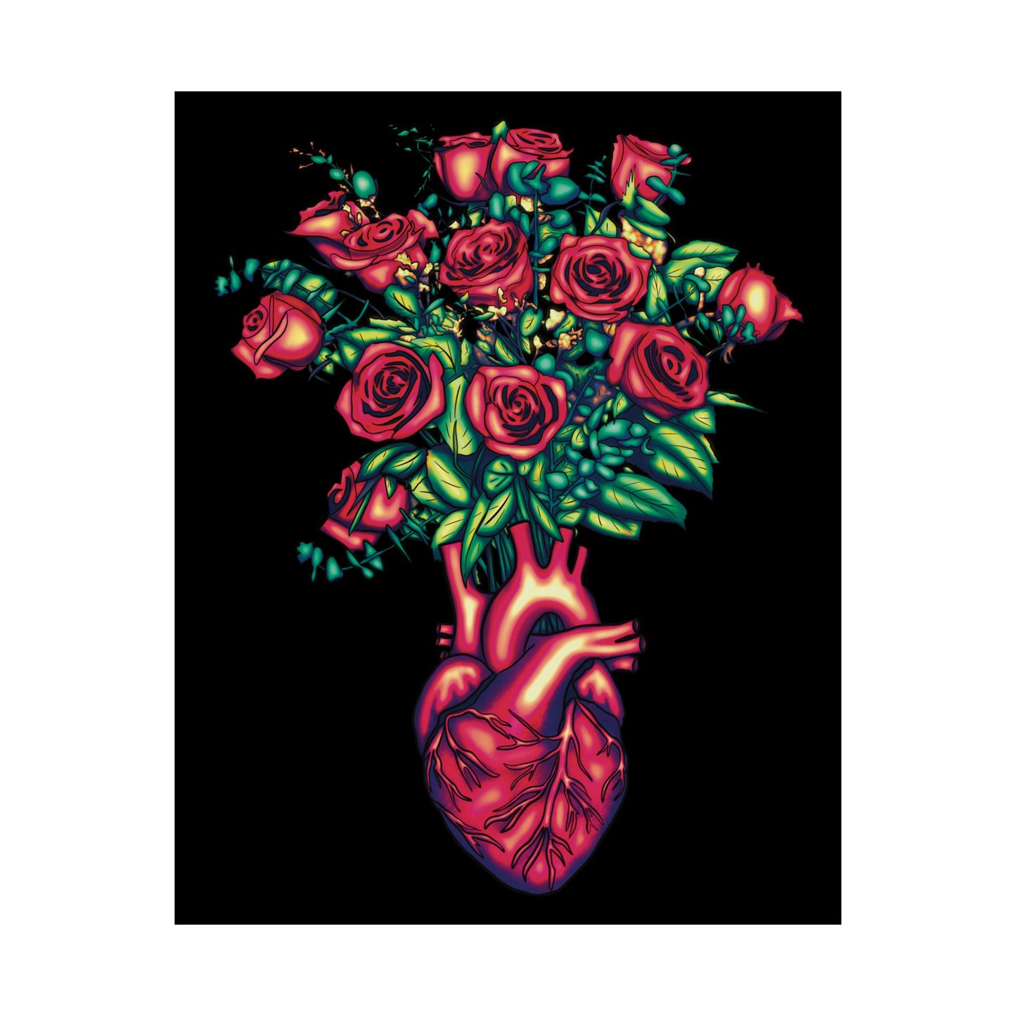Anatomical Heart with Roses Art Print, Gothic Wall Decor Poster, Black and Red Floral Wall Poster