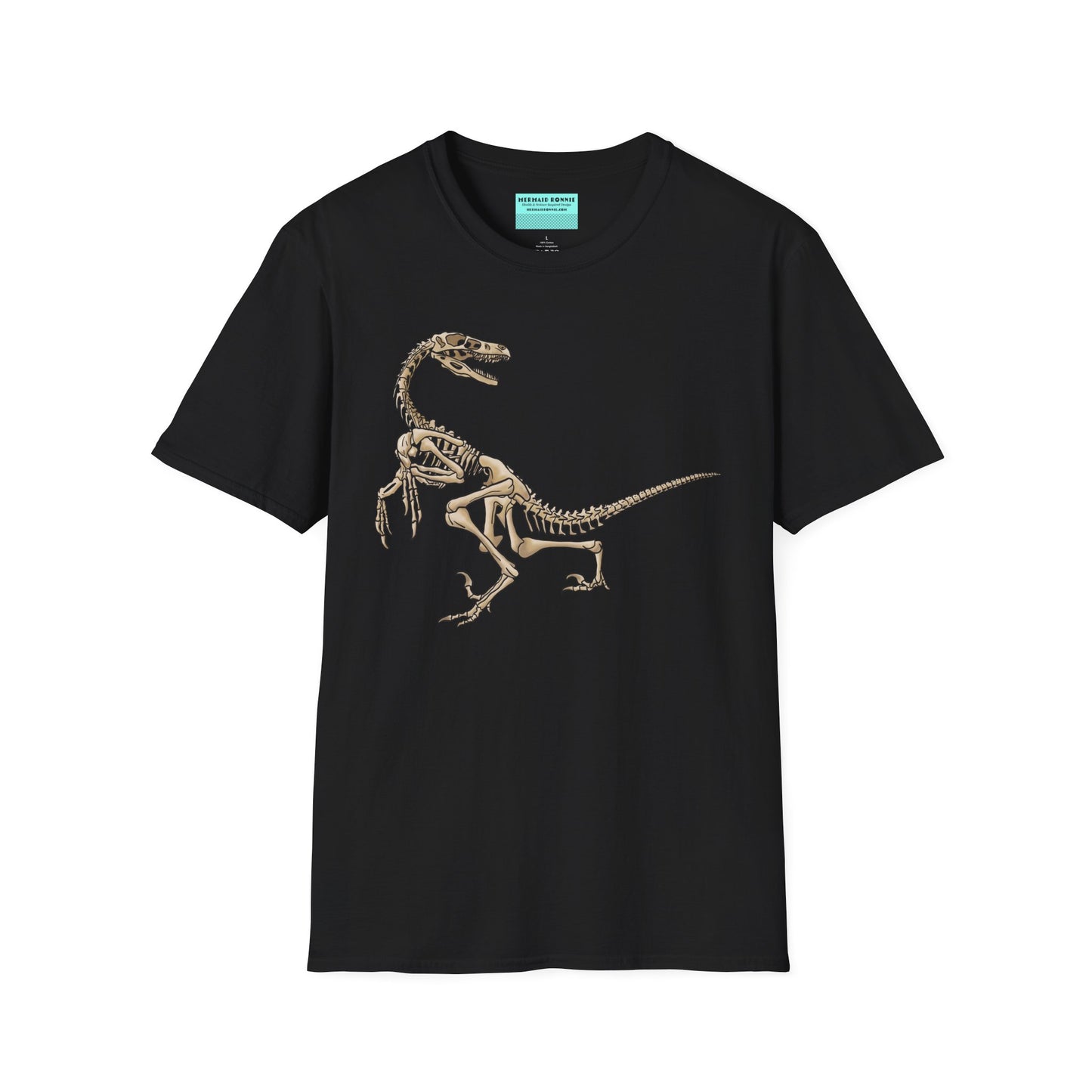 Black unisex short sleeve t-shirt with a fierce velociraptor skeleton strutting across the chest—because who says extinct can’t be stylish?