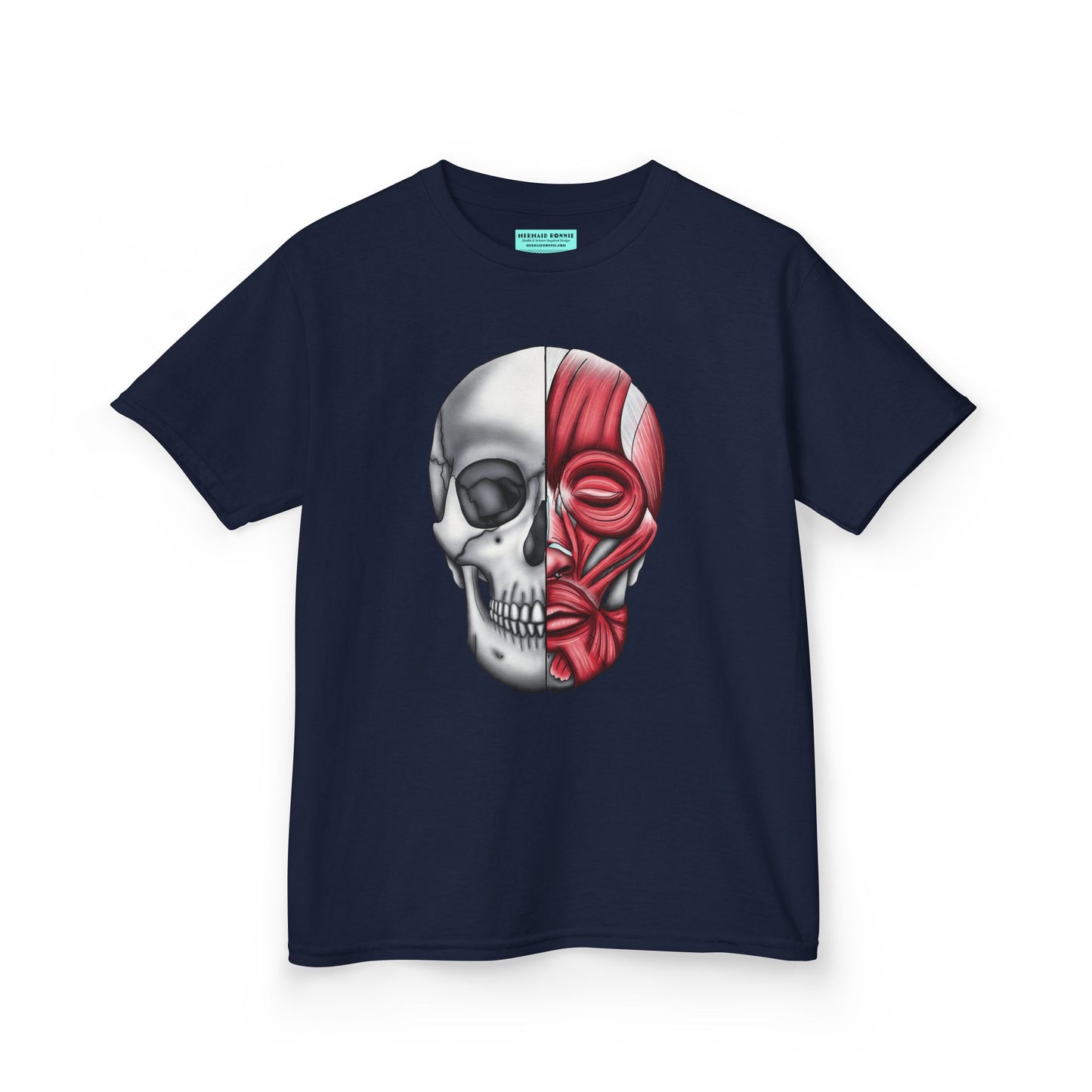 Kids' t-shirt in navy featuring an anatomical drawing of a human skull, with facial muscles illustrated on one half of the skull.