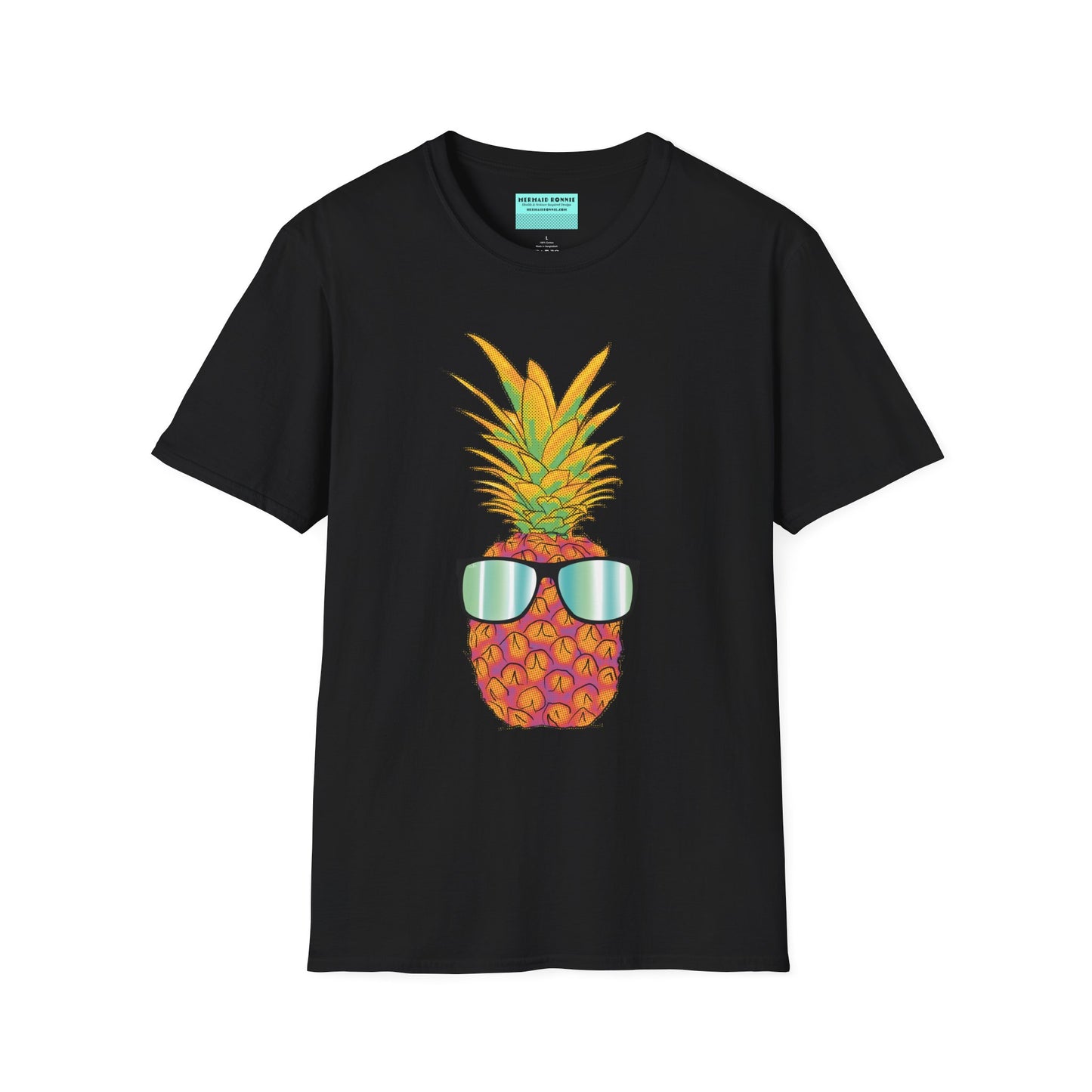 Black t-shirt featuring a drawing of a pineapple wearing sunglasses.
