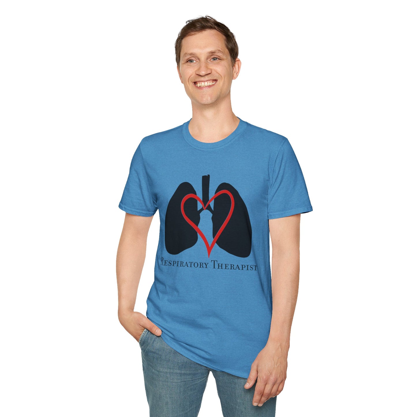 Man wearing a blue unisex short sleeve t-shirt with a graphic illustration of a heart and lungs; the words "respiratory therapist" are printed below the design.