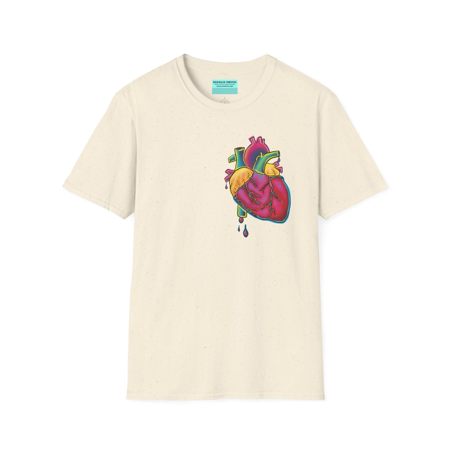 Beige unisex short sleeve t-shirt featuring a bold neon anatomical heart front and off-center, complete with dripping blood vessels—because nothing says “wear your heart on your sleeve” like wearing it smack on your chest in highlighter tones.