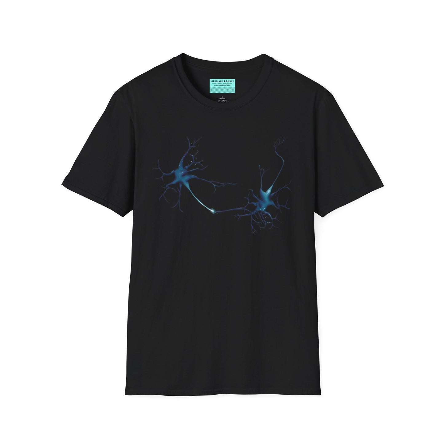 Black t-shirt featuring an illustration of two blue neurons extending toward each other and forming a synapse across the front.