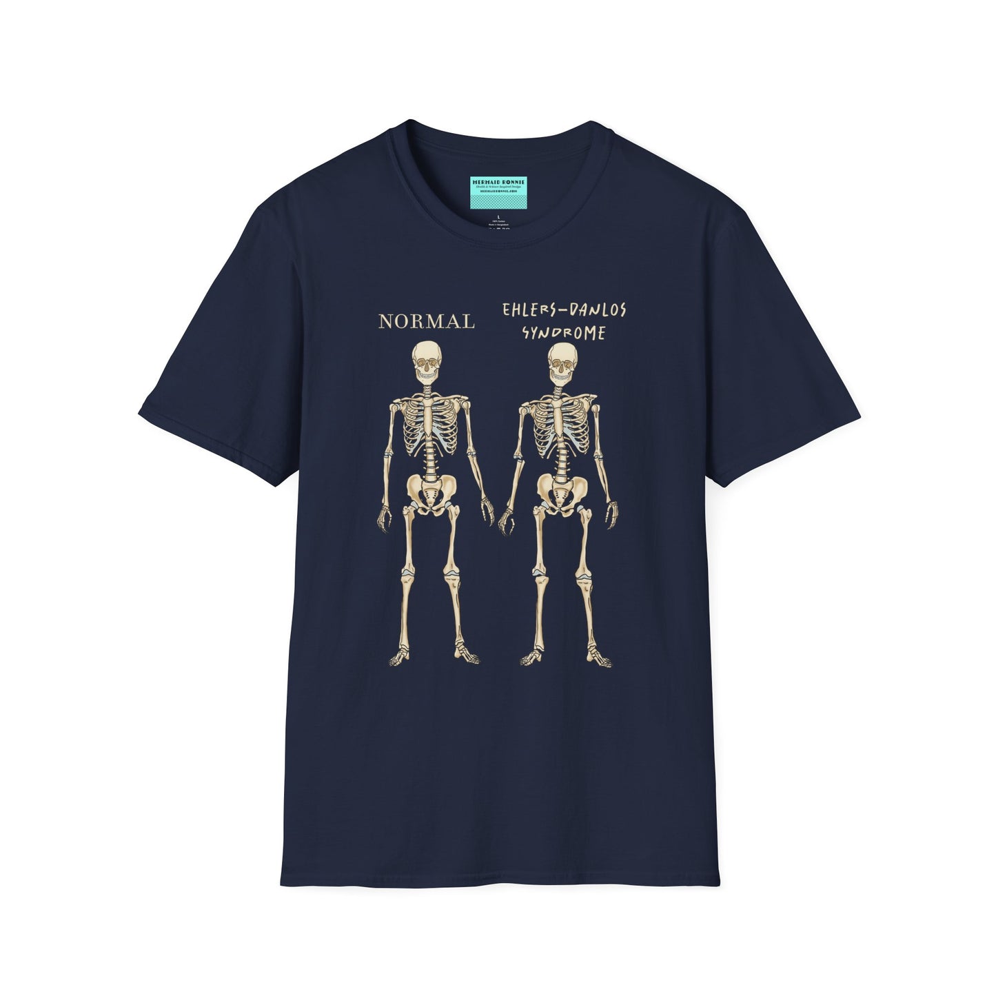 Navy unisex short sleeve t-shirt featuring two skeletons side by side—one labeled "normal," the other "Ehlers-Danlos Syndrome"—because connective tissue disorders deserve more visibility (and maybe a sense of humor, too).