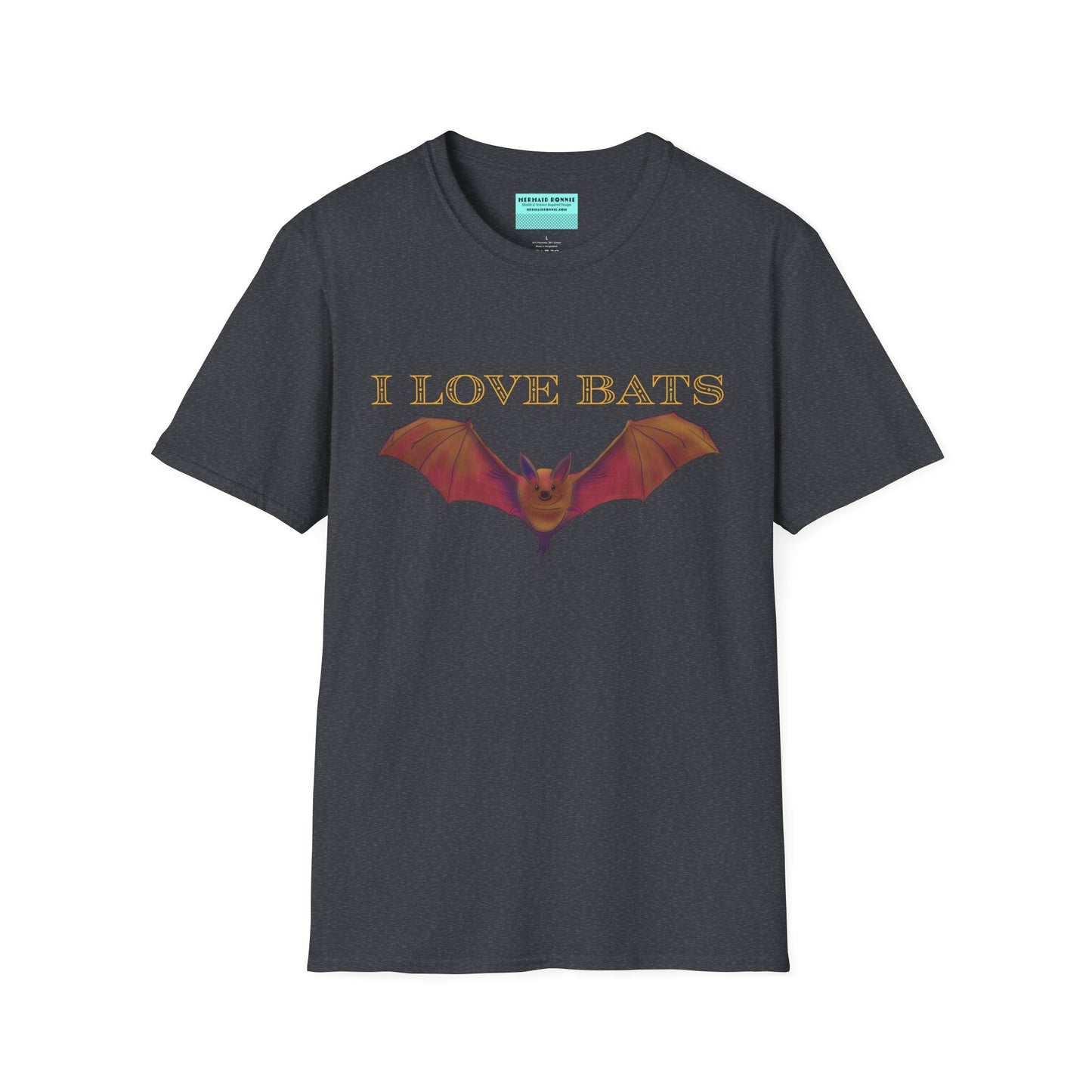 Dark grey t-shirt featuring an irresistibly adorable brown bat with outstretched wings across the chest and the text “I love bats” — perfect for anyone who’s batty about flying mammals.