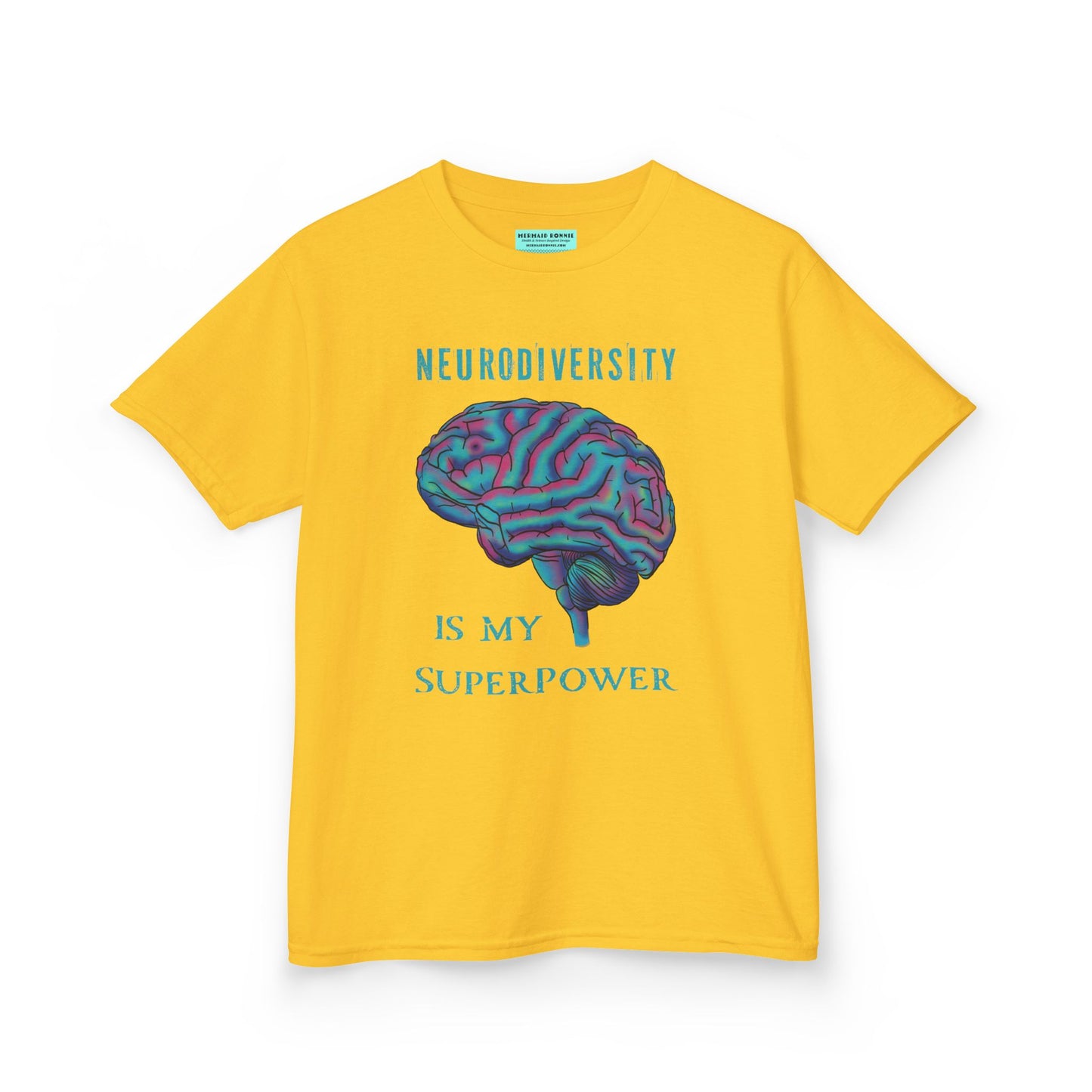 Yellow unisex kids' t-shirt featuring a drawing of an anatomical brain and the text 'Neurodiversity is my superpower.'