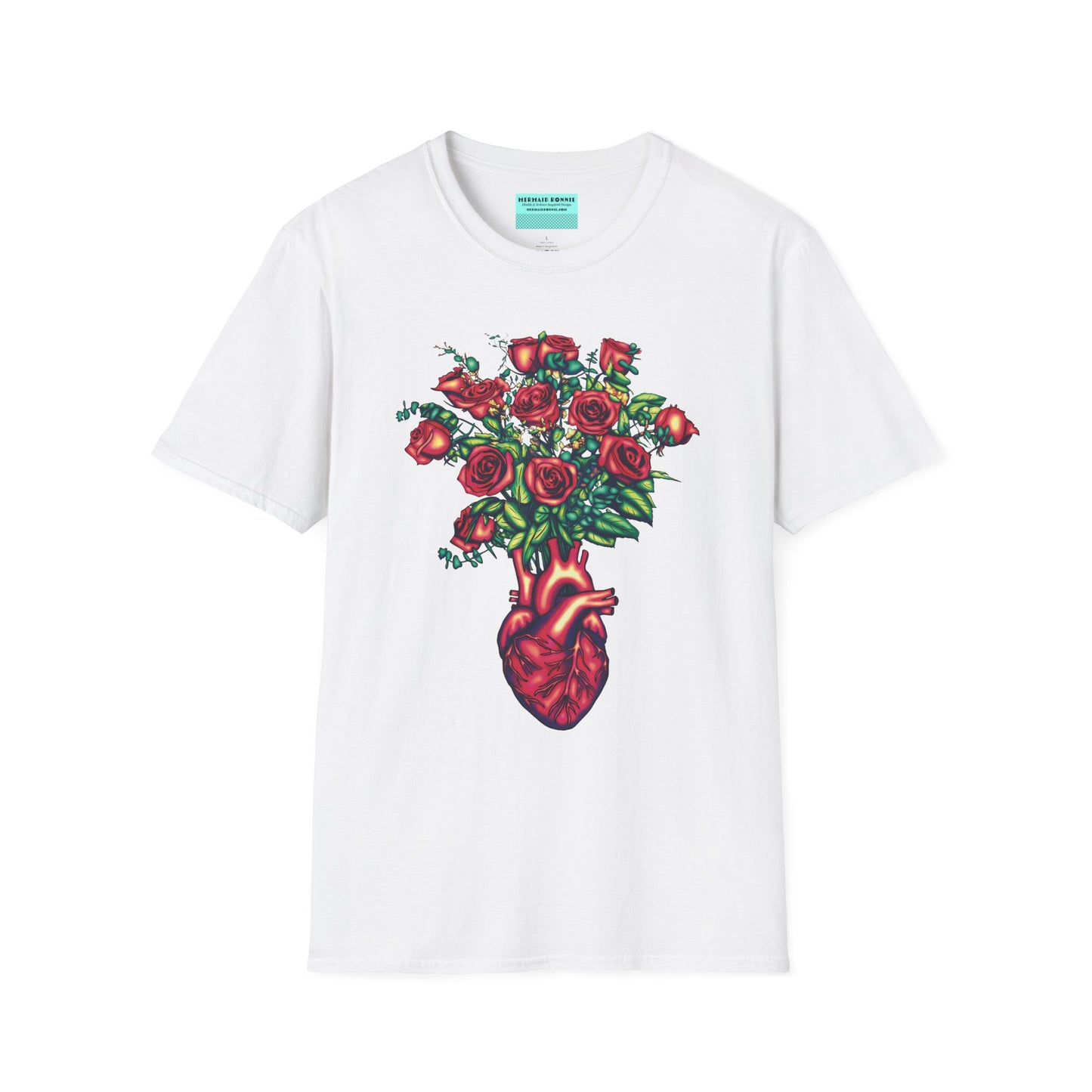 White shirt featuring an illustration of an anatomical heart used as a vase, with a bouquet of roses emerging from it.