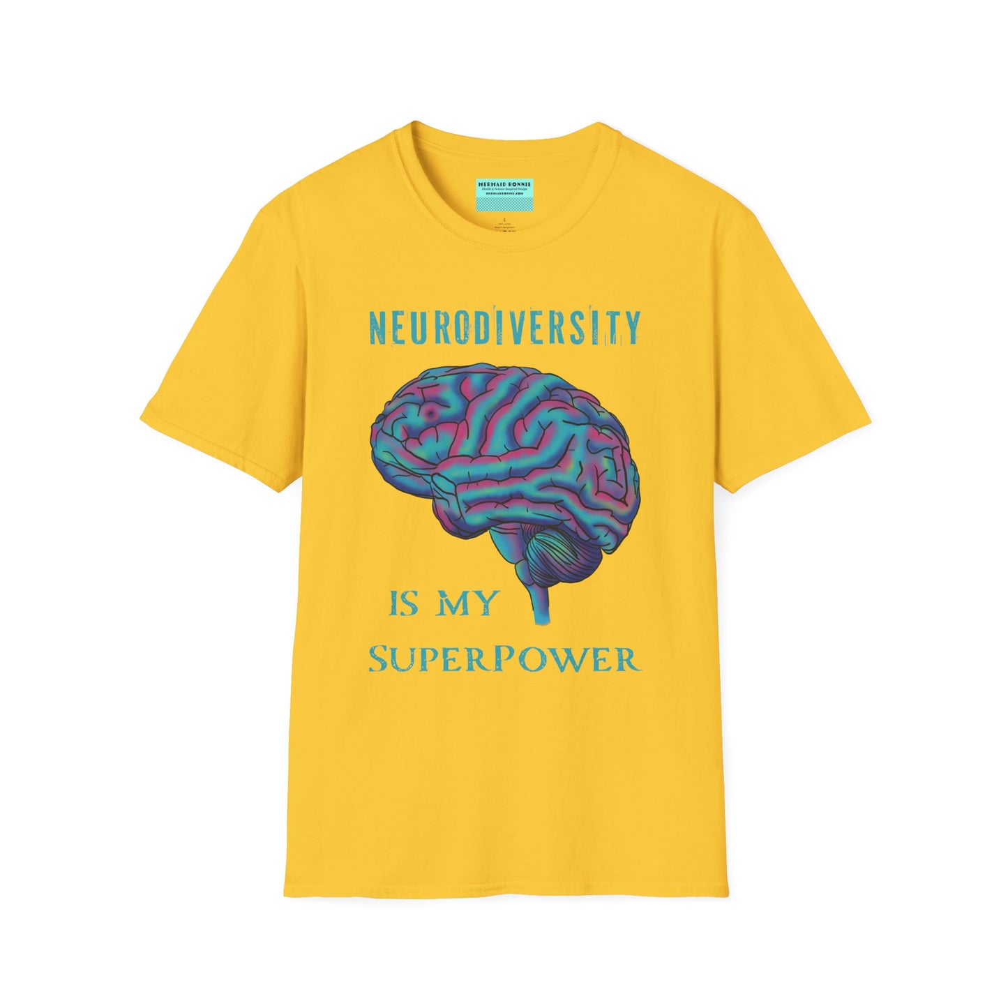 Yellow t-shirt featuring an anatomical drawing of a brain, with the phrase 'Neurodiversity is my superpower' printed on it.