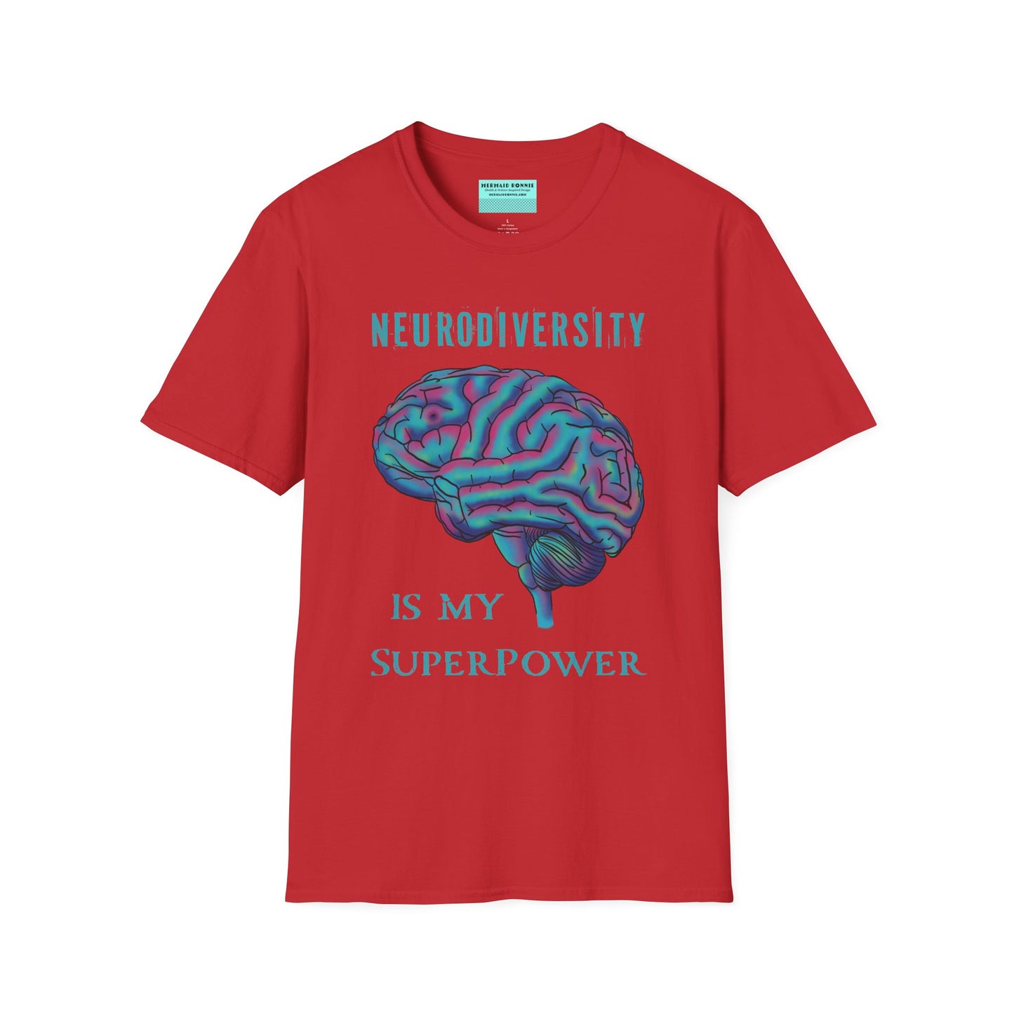 Red t-shirt featuring an anatomical drawing of a brain, with the phrase 'Neurodiversity is my superpower' printed on it.